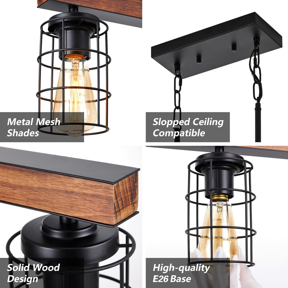 HOSENJOIN Island Lights for Kitchen,6-Light Dining Room Light Fixtures Over Table, Wood Linear Rustic Chandelier Pendant Lighting for Kitchen Island Dining table,Black 360W HOSENJOIN