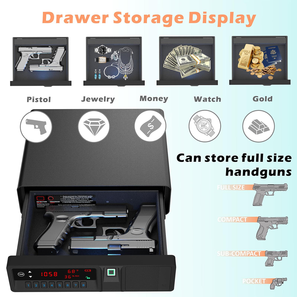 Z ZLJUAN Slide-Away Pistol Handgun Quick Access Gun Drawer Safe with LCD Display of Temp,Humidity,Time,Low Battery Warning,Unlock State for Nightstand Bedside Home Z ZLJUAN