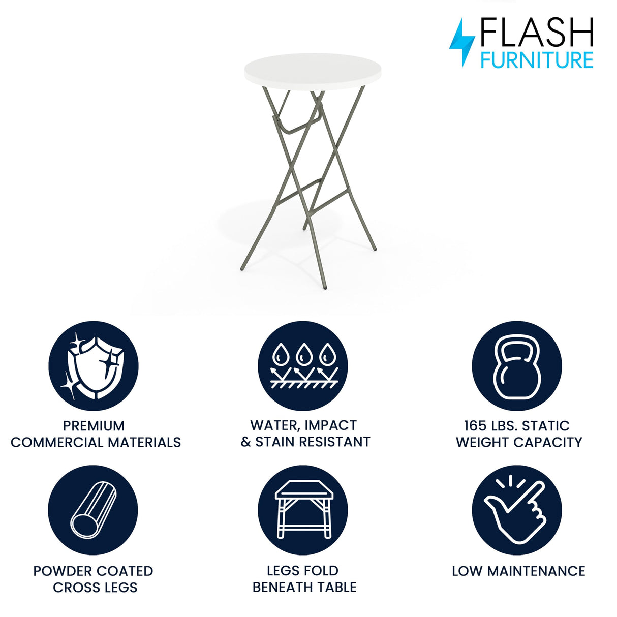 Flash Furniture Elon 2.6' Round Folding Bar Height Table for Parties and Commercial Events, Indoor/Outdoor Plastic Bar Height Folding Table, White Flash Furniture