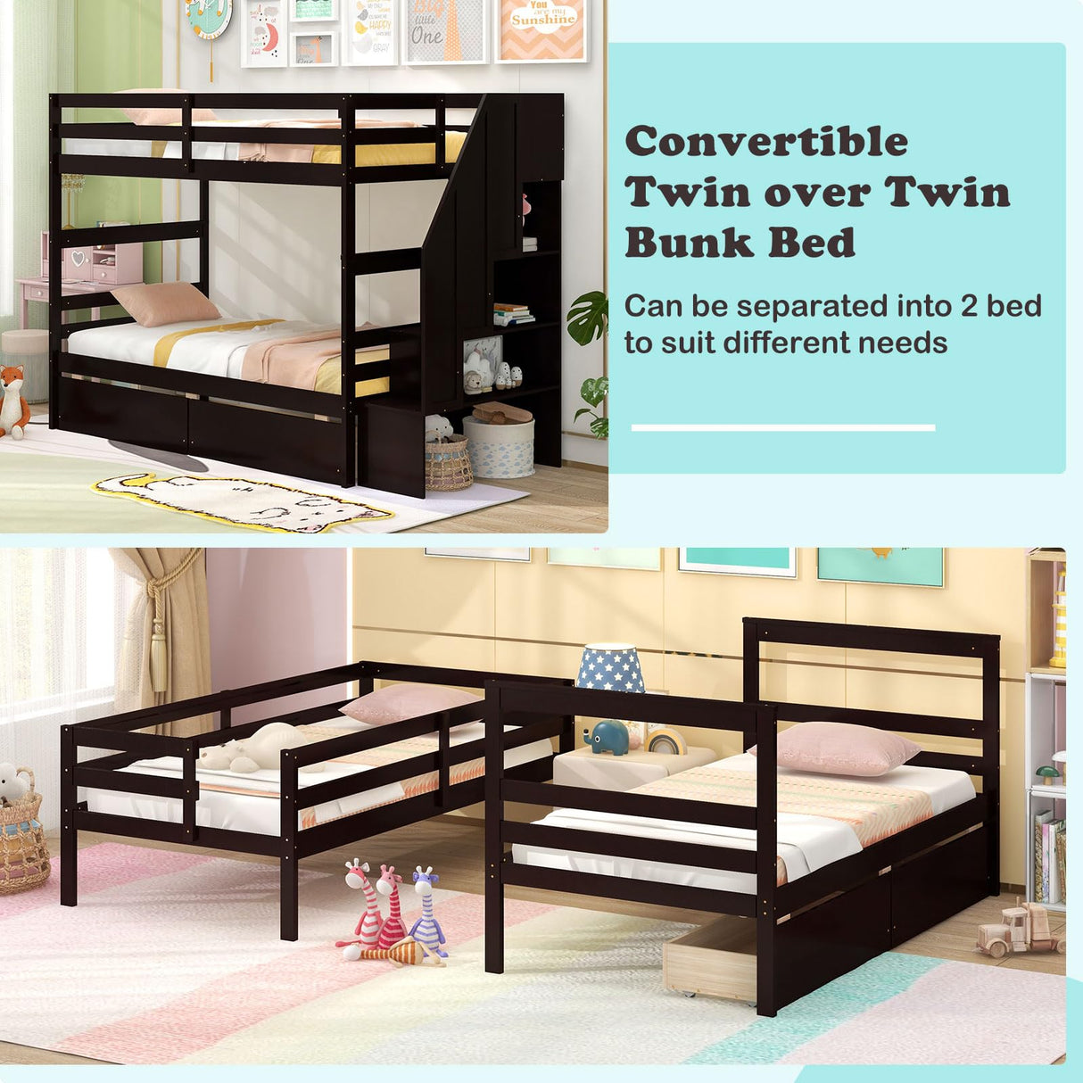 Giantex Bunk Bed Twin Over Twin with Storage Stairs & Drawers, Solid Wood Bunk Bed with Full-Length Guardrails, Convertible to 2 Beds, Versatile Bunk Beds for Kids Teens Adults, Espresso Giantex