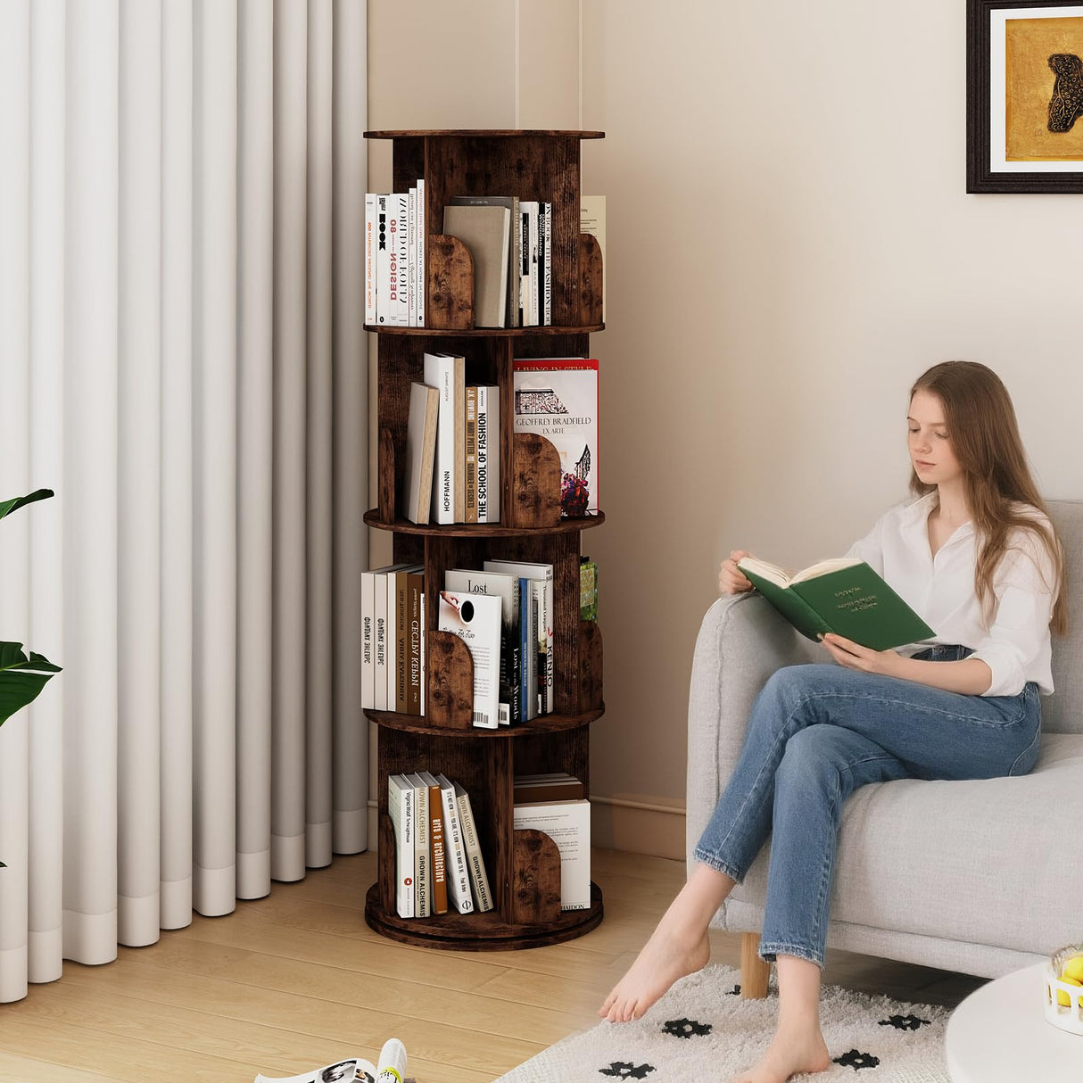 Huisenitre 360°Rotating Bookshelf,4 Tier Corner Bookcase,Book Shelf,Floor Storage Wood Organizer for Sturdy,Home Office,Living Room,Bedroom,Kids Room Huisenitre