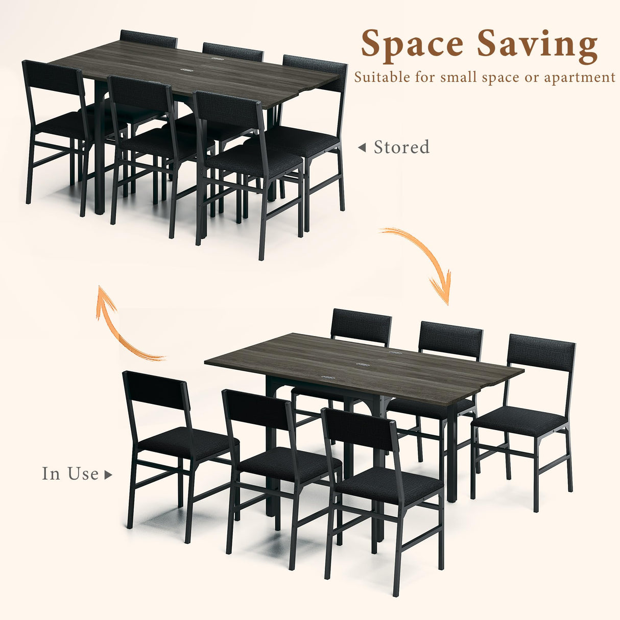 7-Piece Dining Table Set for 4-6, Extendable Kitchen Table Cushion Chairs Set of 6 with 6 Chairs, Rectangle Dining Table with Metal Frame & MDF Board, Folding for Small Apartment Saving Space,Grey Oak HUAHUU
