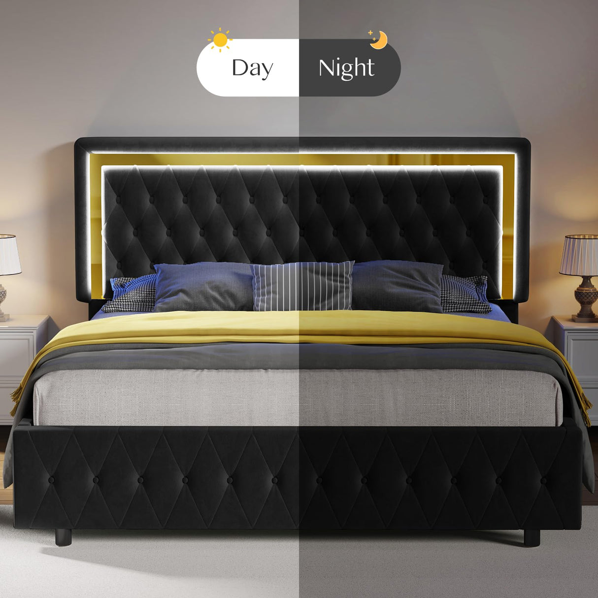 Jocisland Full Bed Frame with LED Lights Headboard&Footboard, Velvet Upholstered Full Size Platform Bed Frame No Box Spring Needed/Black Jocisland