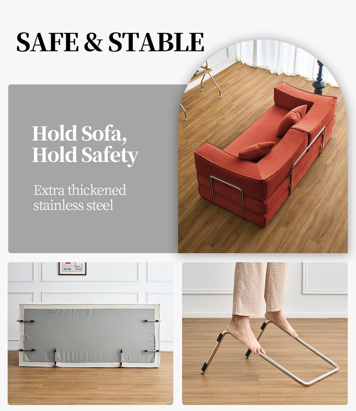 RENDGO 82.67" Folding Sofa Bed Convertable Corduroy Couch King Size Floor Sleeper 4-in-1 DIY Combination Modular Sofas Fold Out Futon Lounge Comfy Foldable Lazy for Living Room-Orange RENDGO