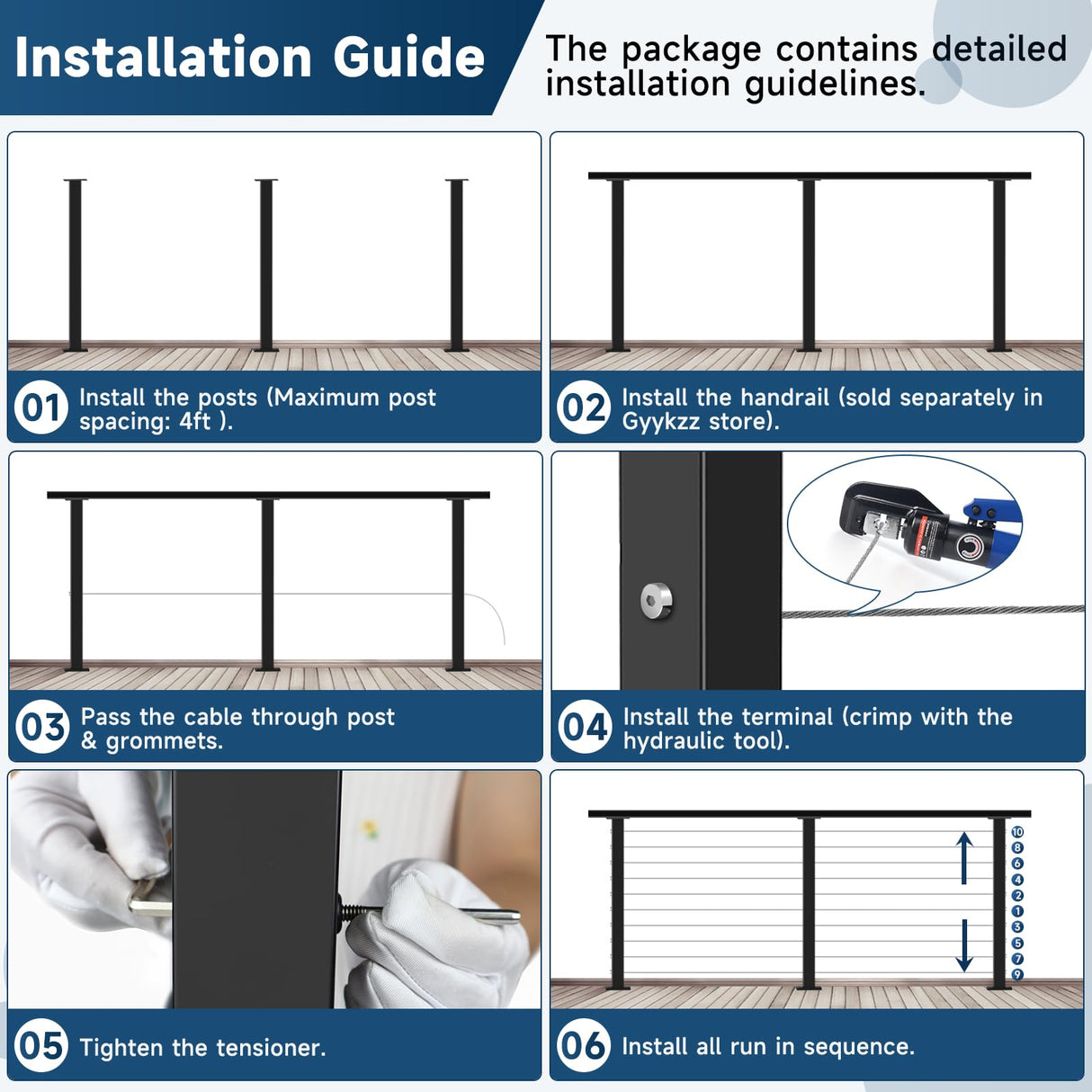 Gyykzz One-Stop Cable Railing Post Kit, 3 Pack Level Drilled Deck Post 36", Fixed Top Cable Railing System Including 3 Railing Post, 125ft Cable, 20 Terminal, 60 Cable Grommets (No Handrail) Gyykzz
