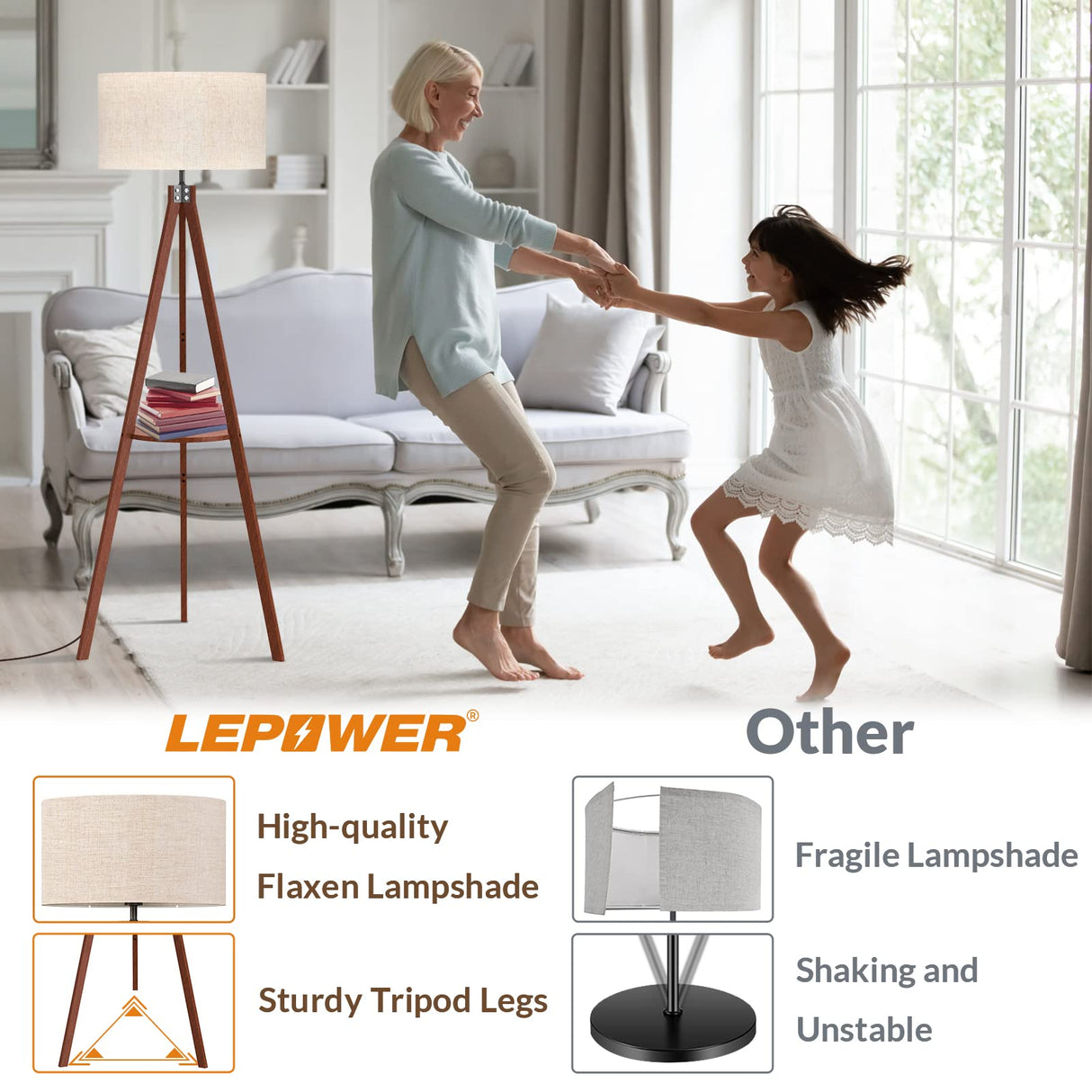 LEPOWER Tripod Floor Lamp, Mid Century Wood Standing Lamp, Modern Design Shelf Floor Lamp for Living Room, Bedroom, Office, Flaxen Lamp Shade with E26 Lamp Base LEPOWER