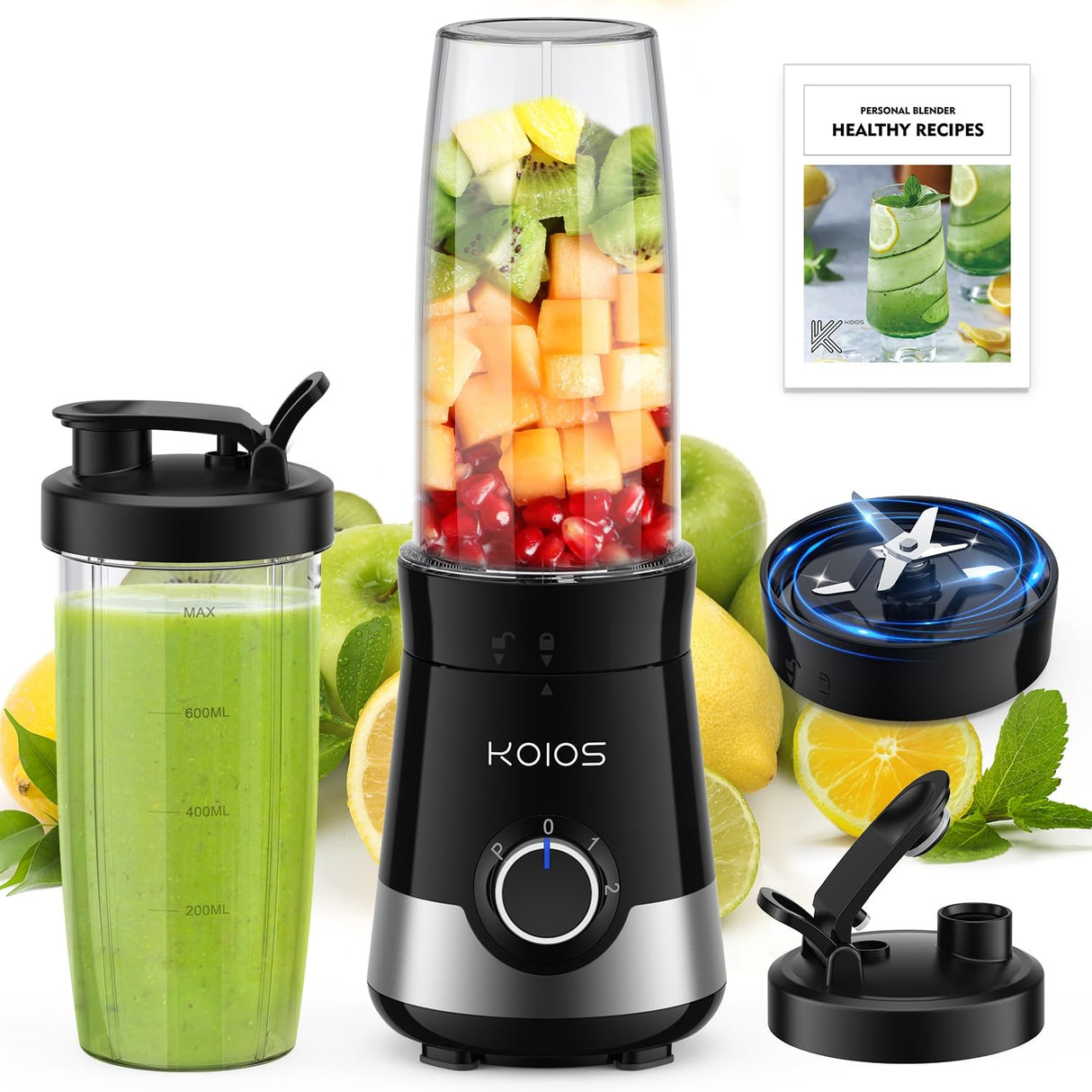 KOIOS Smoothie Blender, 900W Blenders for Kitchen with 27oz No-BPA Portable Bottles and Spout Lids, 3 Modes Personal Mixer Blender for Shakes Smoothies Frozen Drinks, Nutritious Recipe, Black KOIOS