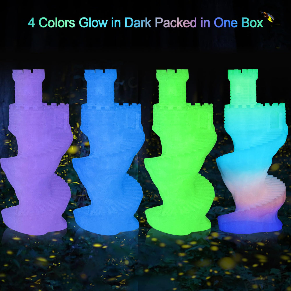 MIKA3D Glow in Dark PLA 3D Printer Filament Bundle, Glowing in Dark Fluorescent Green, Blue, Purple, Rainbow, Each Spool 0.25kg, 4 Spools, Total 1KG Dark Fluorescent PLA Multicolor Packed 250g X 4 MIKA3D