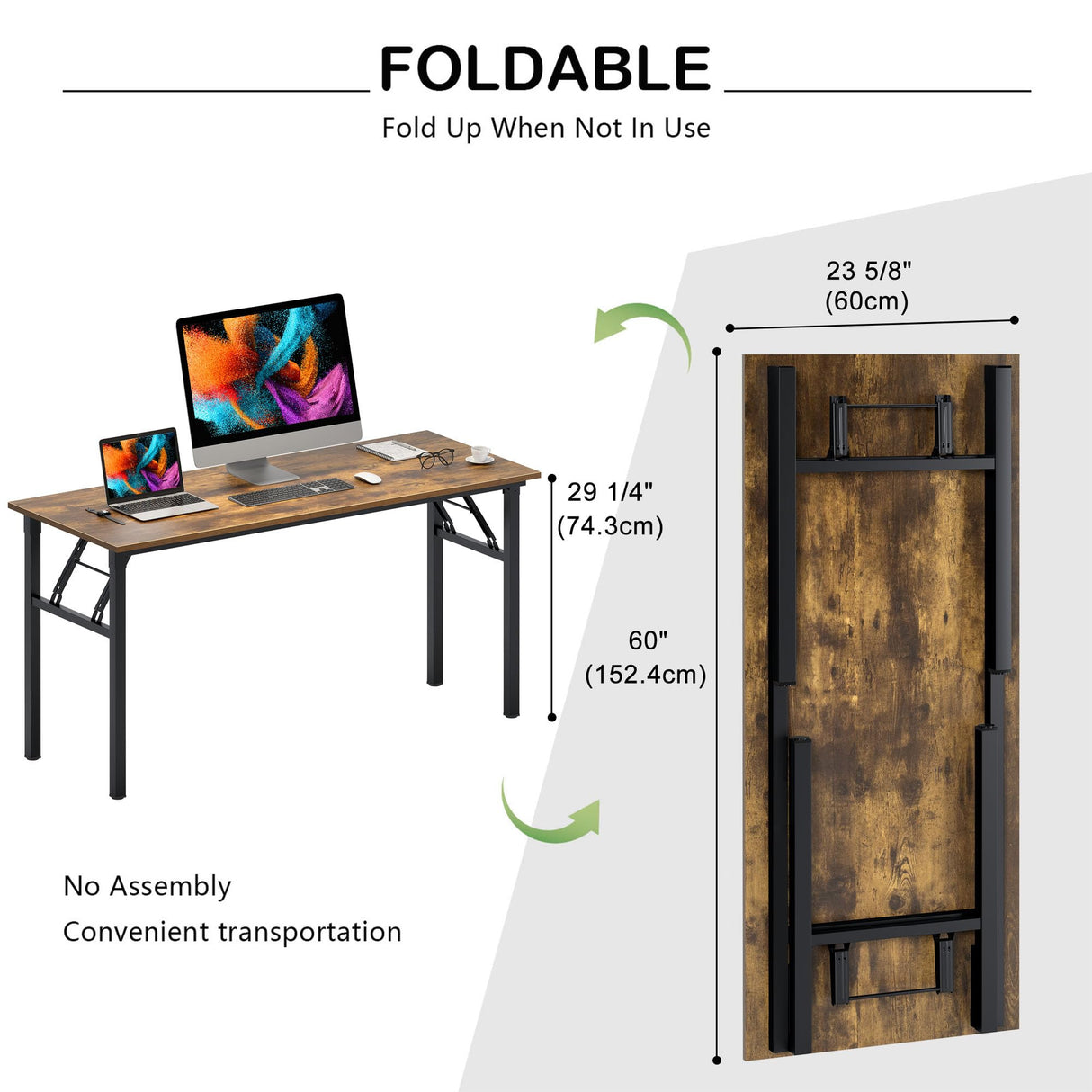 Need Home Office Desk Large Computer Desk 60 inch Sturdy Table Foldable Desk Gaming Computer Table No Assembly Required, Rustic Brown&Black Frame AC5FB(152.4 * 60) Need