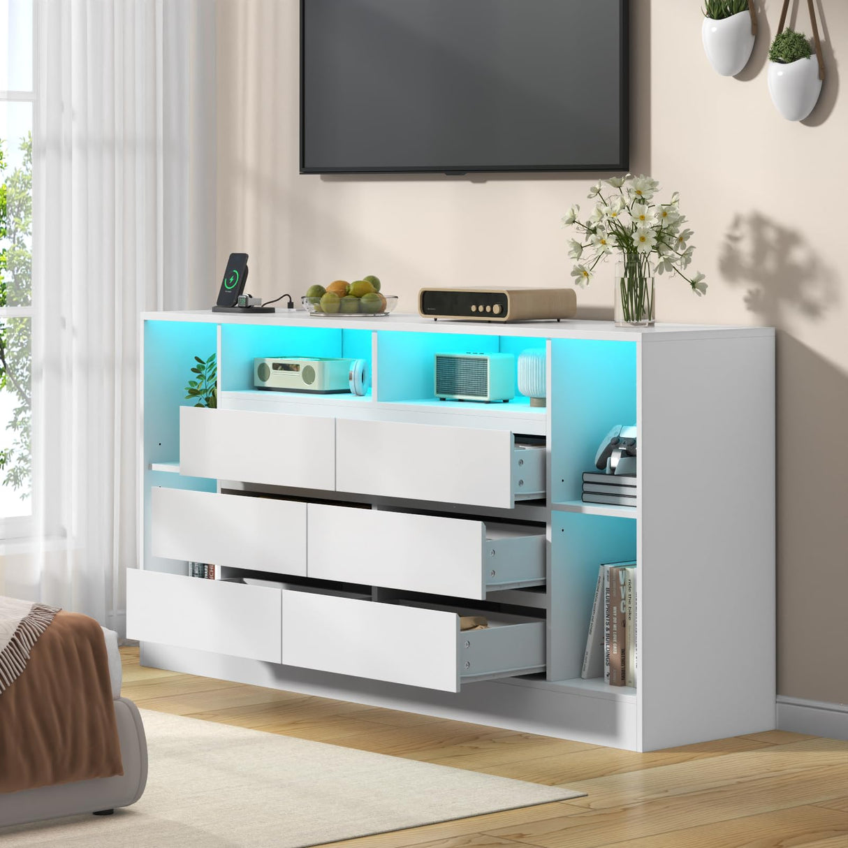 Loomie 6 Drawers Dresser with 6 Open Storage Cubbies, LED Dressers & Chests of Drawers with Power Outlet, 55" Wide Long Dresser for Bedroom, TV Stand with Open Shelf for Living Room (White) Loomie