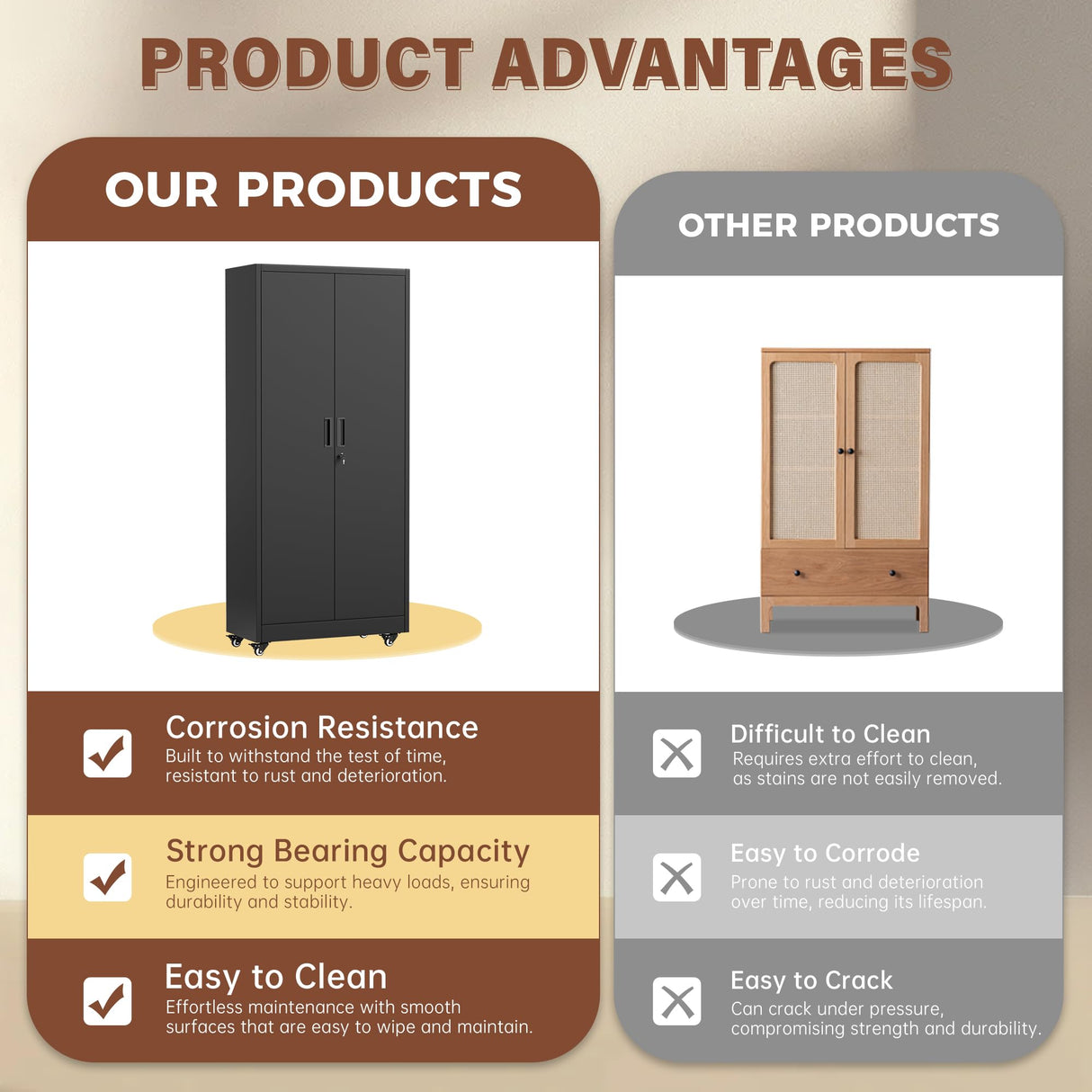 INTERGREAT Metal Storage Cabinet with Wheels, 73" H Rolling Metal Cabinets with Doors and Shelves, Black Steel Lockable Cabinet on Wheels for Garage Storage INTERGREAT