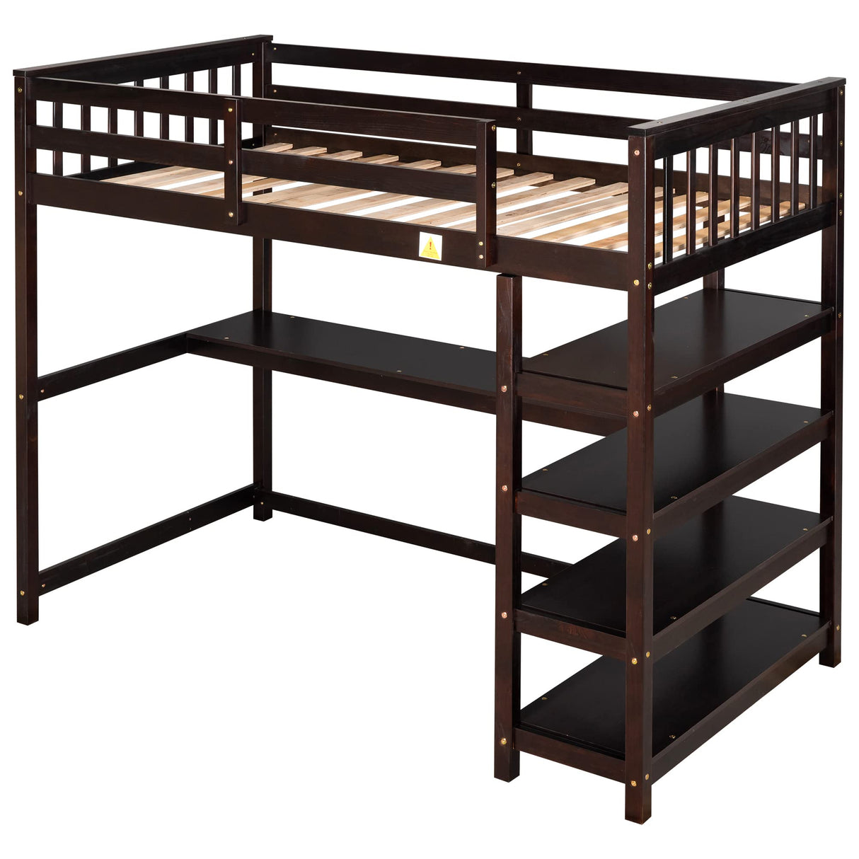 Twin Size Loft Bed with Desk & 4-Storage Shelves, Wood Loft Bed Frame with Safety Guard Rail and Under-Bed Desk, Noise Free, No Box Spring Needed, Espresso Bellemave