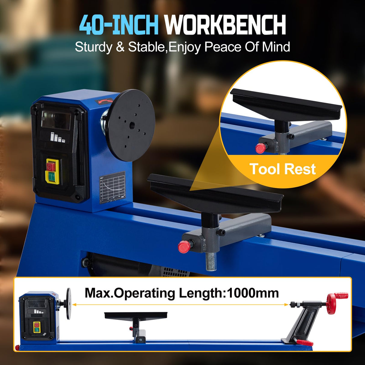 Wood Lathe, 14" x 40" Benchtop Wood Lathe Machine 0.5 HP Infinitely Variable Speed 1040-2980 RPM, Wood Turning Lathe Machine with Wrench & 2 Chisels for Woodworking, Woodturning GAOMON