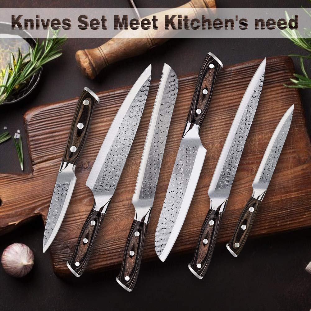 Kitchen Knife Set, 16-Piece Knife Set with Built-in Sharpener and Wooden Block, Precious Wengewood Handle for Chef Knife Set, German Stainless Steel Knife Block Set, Ultra Sharp Full Tang Forged Tudoccy