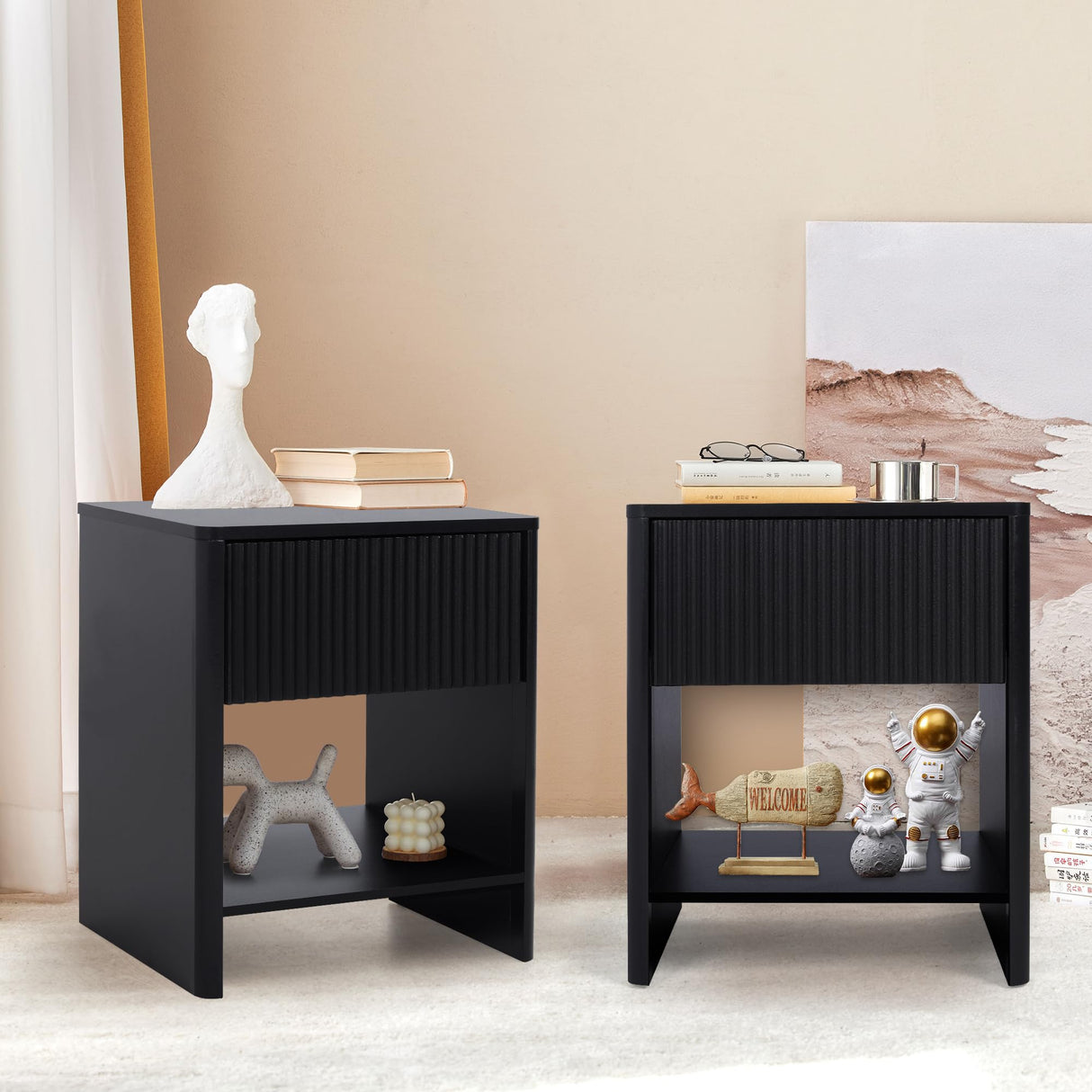 affeivul Modern Night Stand Set 2 with Drawer, Black Nightstand for Bedroom, Small End Table with Storage, Living Room/Bed Side Table with Drawer for Small Spaces, Fluted Cabinet Wood Nightstand affeivul