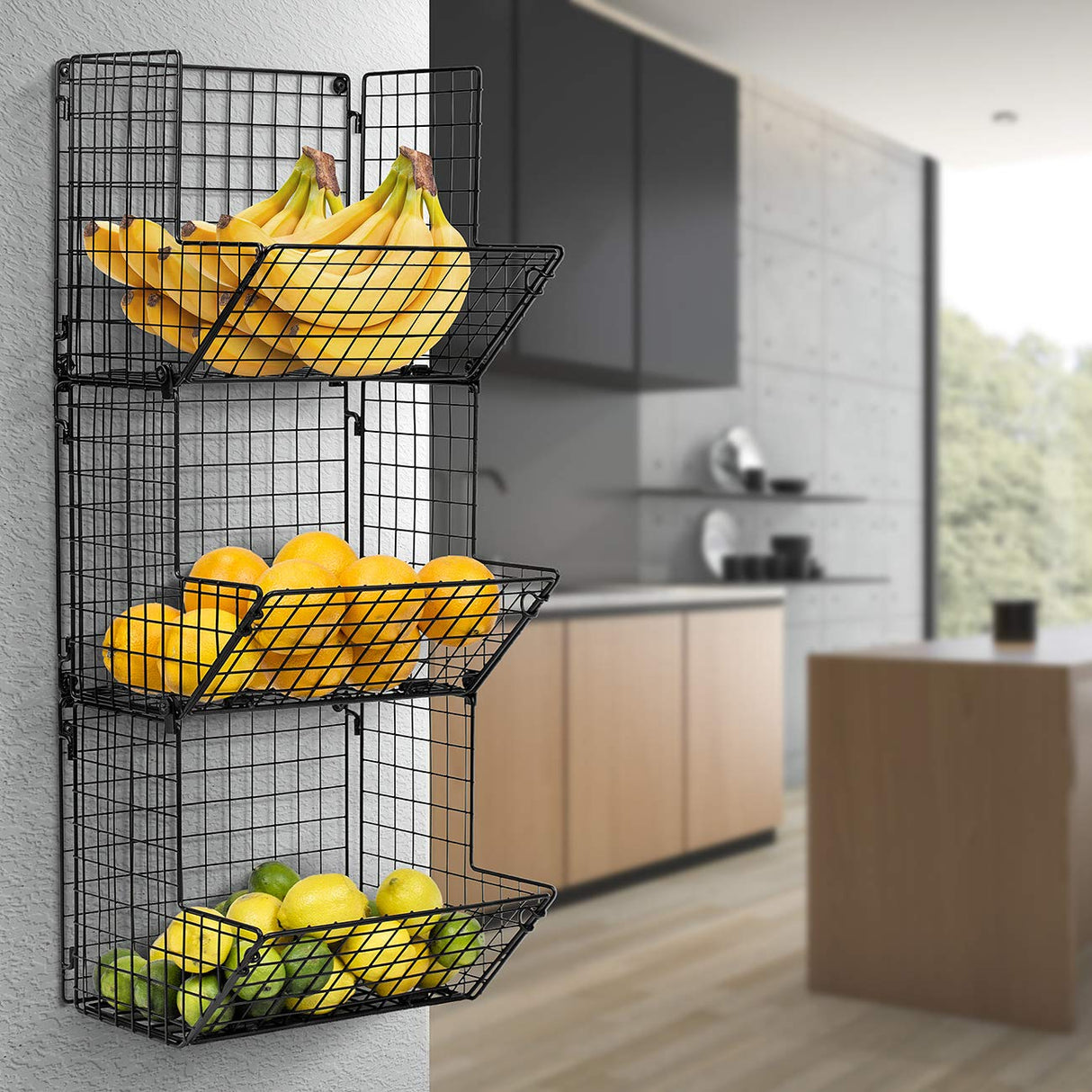 Sorbus Hanging Fruit Basket Wall Mounted Wire Metal Bins - 3 Tier Storage Basket Organizer for Kitchen Storage, Great for Produce Fruits & Vegetables, Potato Onion Storage Bathroom Tower (Black) Sorbus