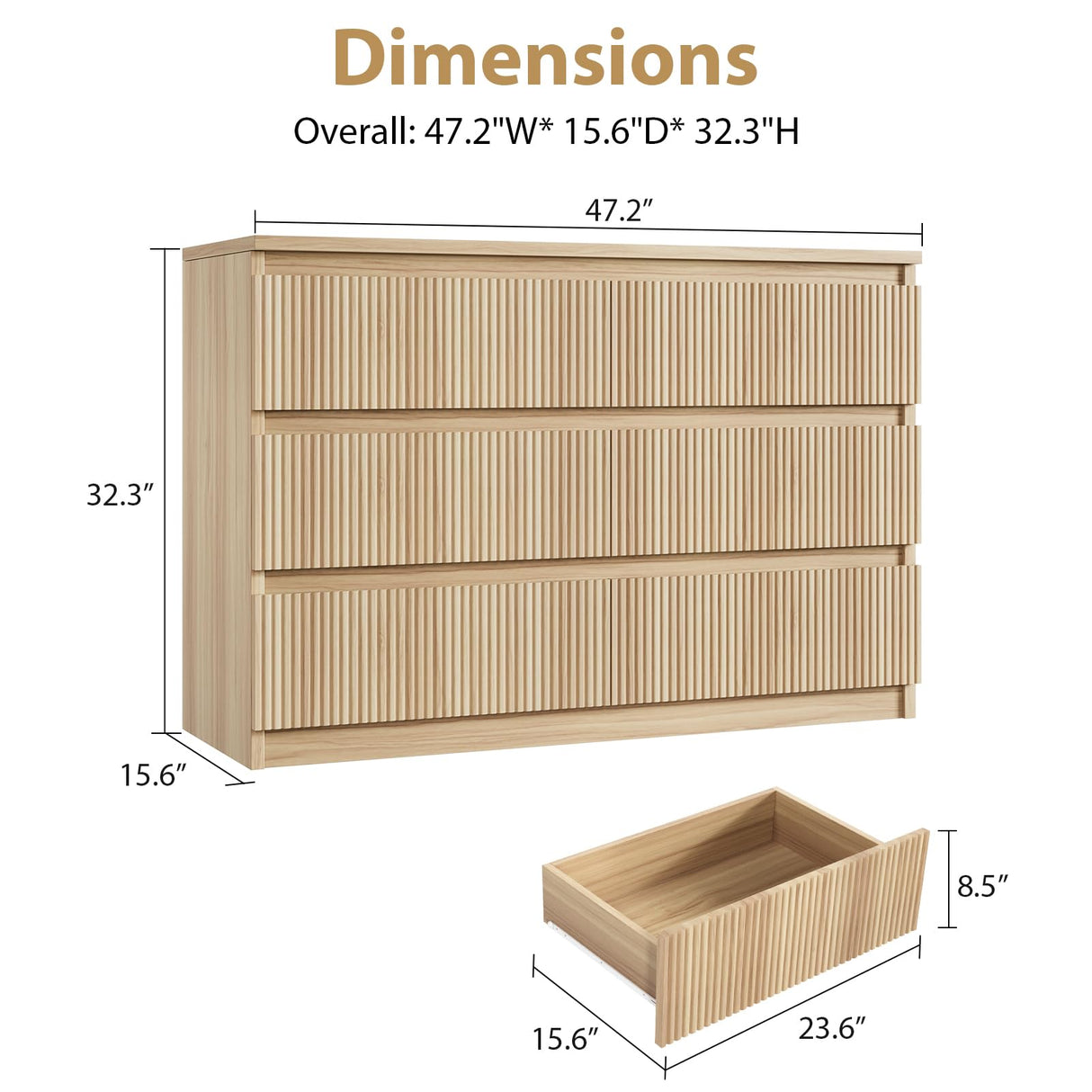 Jocoevol Oak 6 Drawer Dresser for Bedroom, Modern Fluted Dresser, Bedroom Dressers with Drawers, Large Double Wooden Chest of Drawers for Living Room, Hallway Jocoevol