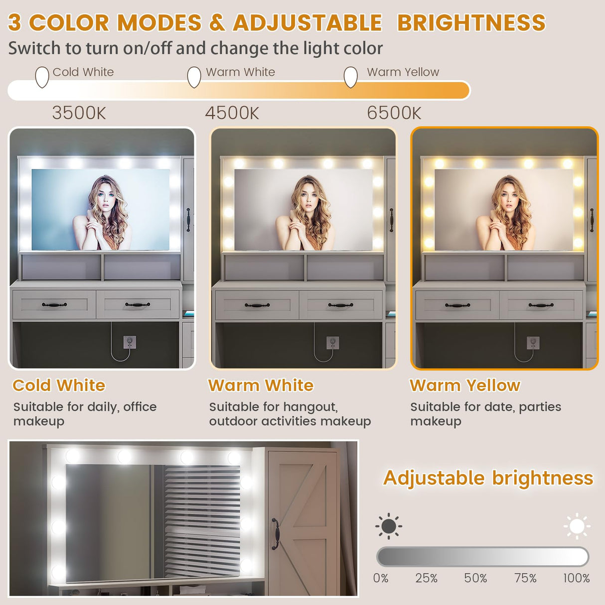 DINGIPP Farmhouse Vanity Desk with Mirror and 10 Led Lights, 45.3" Large Makeup Vanity Table with Power Outlet, 5 Drawers and 1 Cabinet, Vanity Set Dressing Table with 9 Hooks for Women Girls (White) DINGIPP