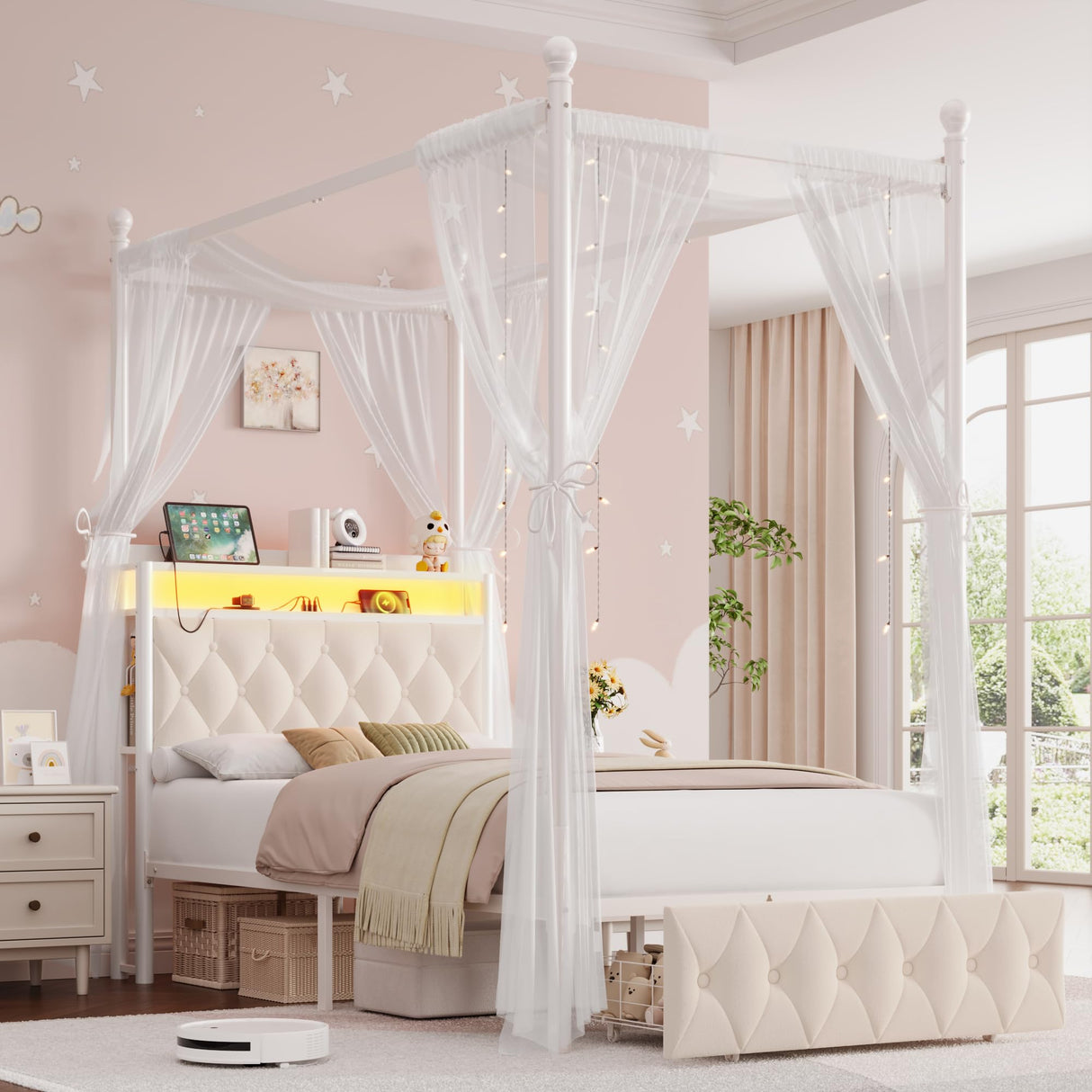 HIFIT Kids Twin Upholstered LED Canopy Bed Frame with Storage and Charging Station, Button Tufted Storage Headboard with Bookshelf, Two-Use Girls Metal Platform Bed, 4 Removable Post & 2 Drawer, Beige HIFIT