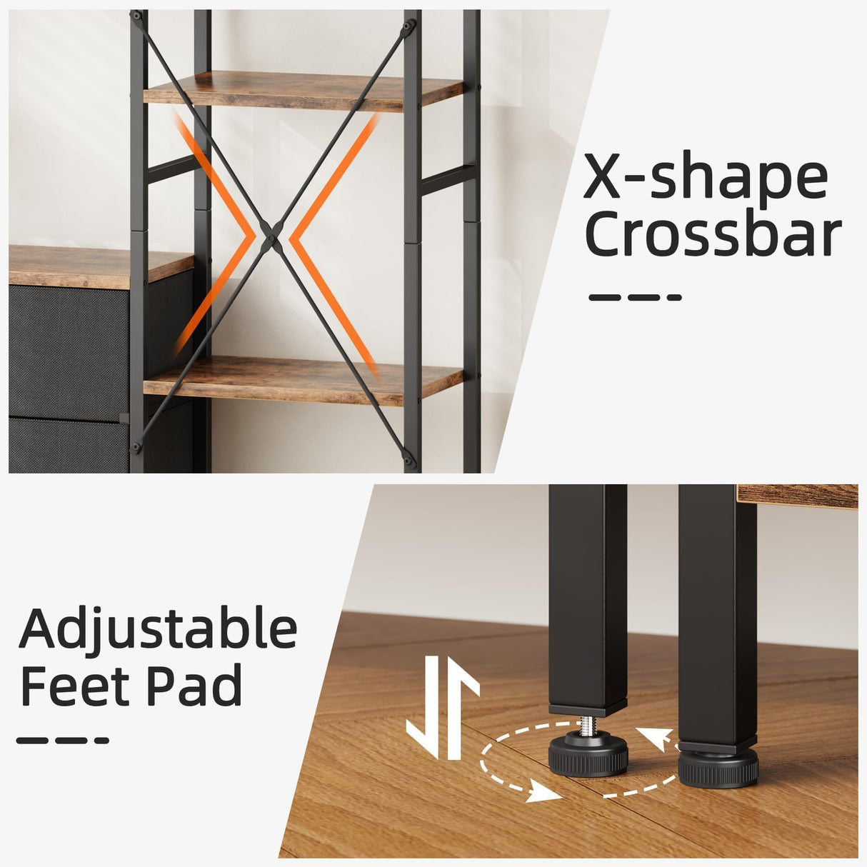 AFLUI Triple Bookshelf with 3 Fabric Drawers, 4-Tier Book Shelf and 10 Display Shelves, Industrial Large Bookcase for Home & Office, Rustic Brown, 47'' Wide AFLUI