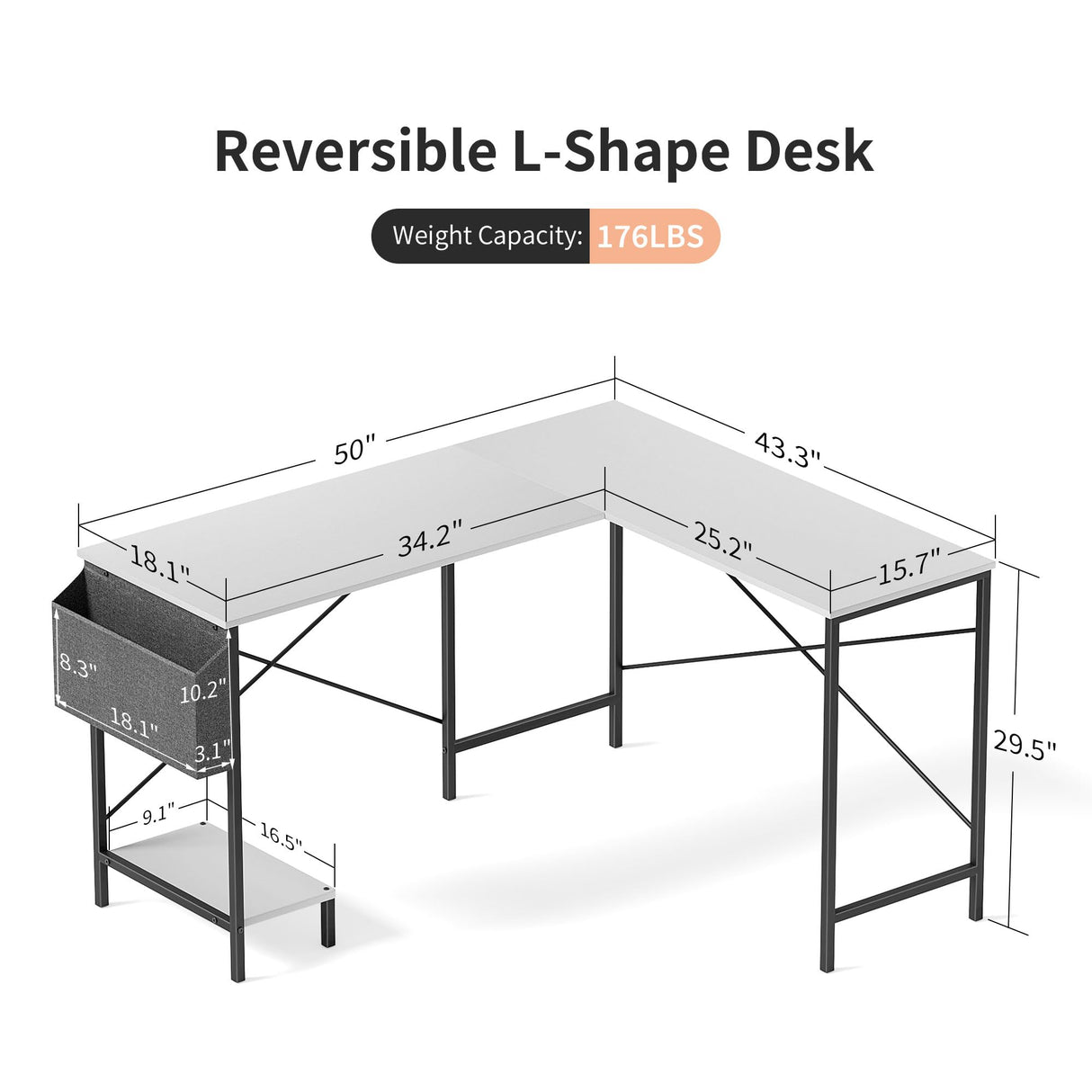 L Shaped Desk Gaming Computer 50 Inch Reversible Corner Table PC Work Table for Writing Study Student with Wood Tabletop Metal Frame CPU Stand Side Bag for Home Office Small Place Simple Deluxe