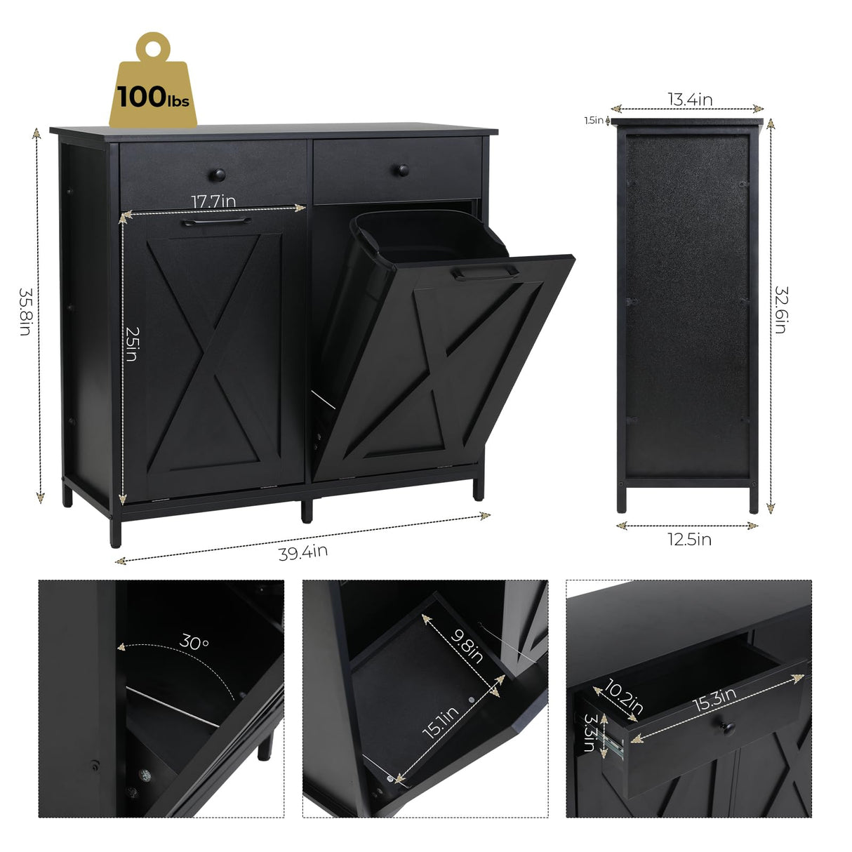 Arlopu Double Tilt Out Trash Cabinet, 20 Gallon Pet Proof Kitchen Pull Out Recycle Cabinet, Freestanding Wooden Laundry Sorter Cabinet, W/Drawer, Barn Door, for Home, Living Room, (Black) Arlopu