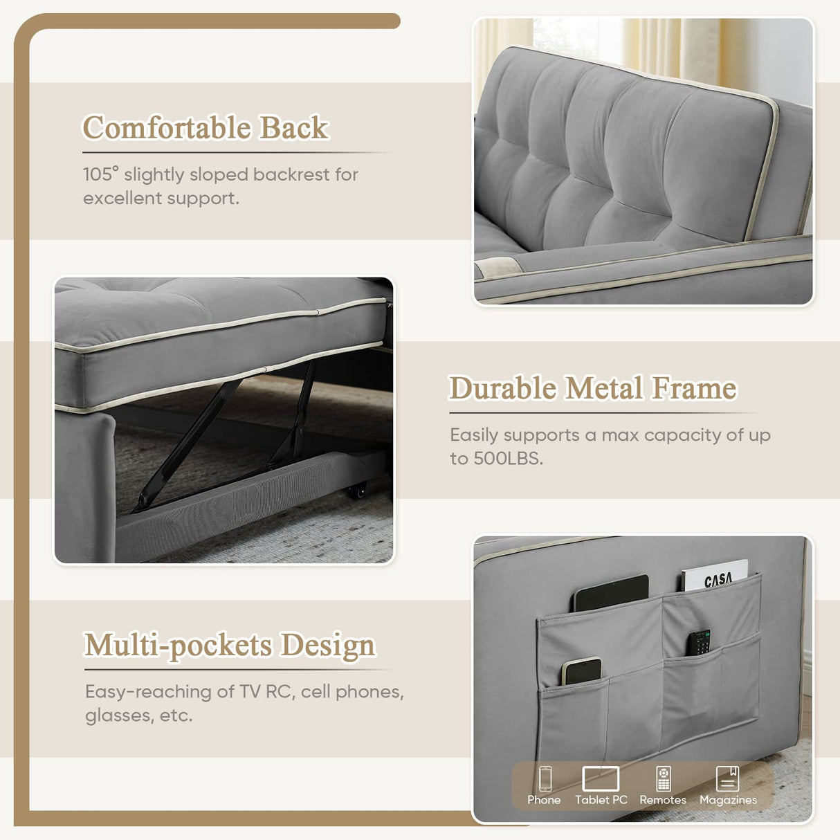 3 in 1 Sleeper Sofa Couch Bed, Small Tufted Velvet Convertible Loveseat Futon Sofa w/Pullout Bed, Adjustable Backrest, Cylinder Pillows for Living Room Apartment, Easy to Assemble, Grey, 55.5" Antetek