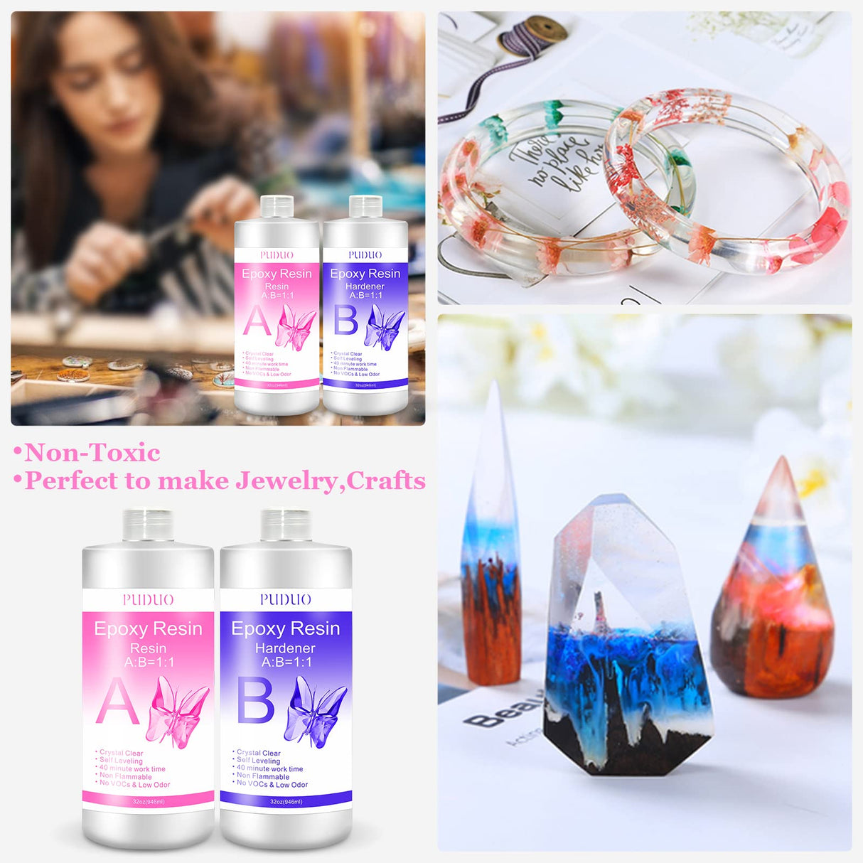 Epoxy Resin Clear Kit 64 OZ for Art, Jewelry Making, Crafts, Keychain - Including 32 OZ Resin and 32 OZ Hardener, Fast Curing 2 Part AB Epoxy Casting Resin by Puduo Puduo