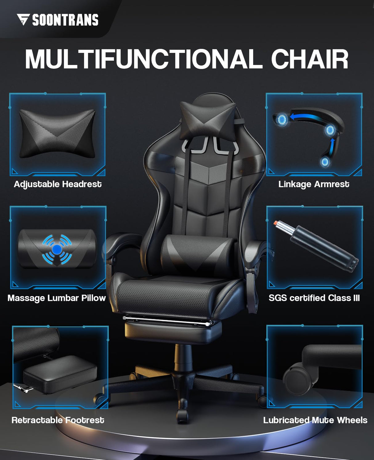 Soontrans Black Gaming Chairs with Footrest, Ergonomic Gamer Chair, Home Office Chair,PC Computer Chair with Headrest and Lumbar Support(Dark Black) Soontrans