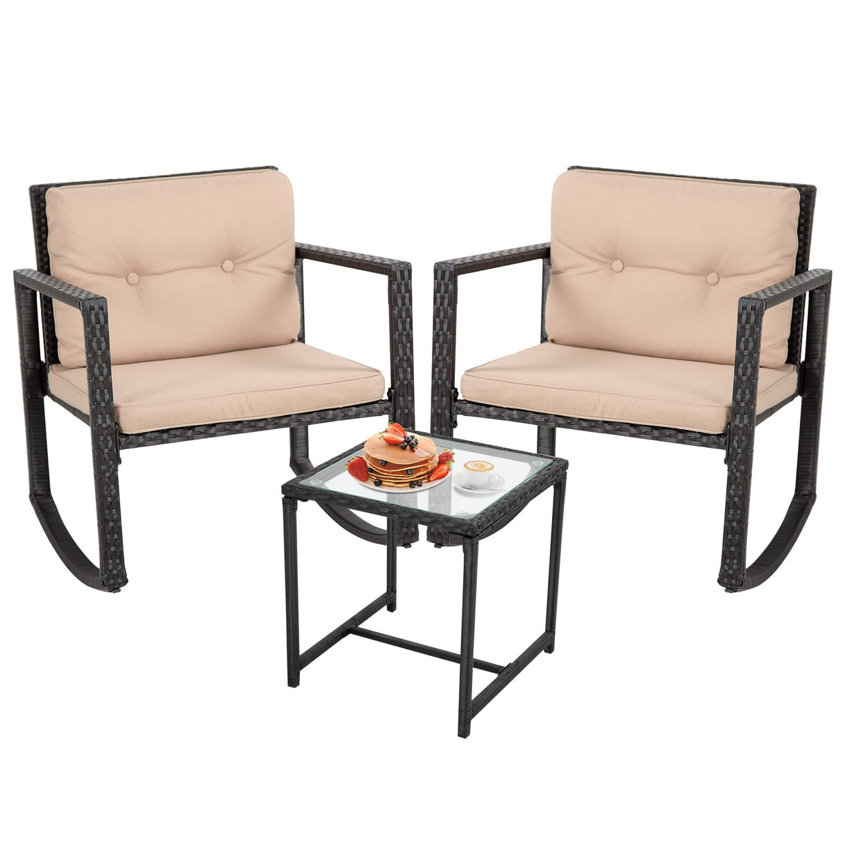 FDW Wicker Patio Furniture Outdoor Bistro Set, Rocking Chair, 3 Piece, Rattan Conversation Set for Backyard Porch Poolside Lawn with Coffee Table,Black FDW