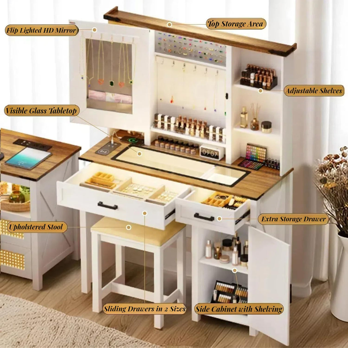 GlasFlength Farmhouse Makeup Vanity with Lighted Mirror,Vanity Desk with Charging Station,Vanity Table with Hidden Jewelry Cabinet,40'' Makeup Table with Glass Tabletop,Stool Included,Vintage White GlasFlength