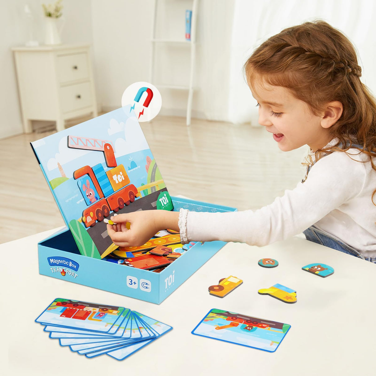 Toi Kids Magnet Toys Magnetic Jigsaw Puzzle Boxes with Game Board for Kids Ages 3-8, Preschool Tabletop Toy for Toddlers, Portable Travel Game, Vehicle Toi