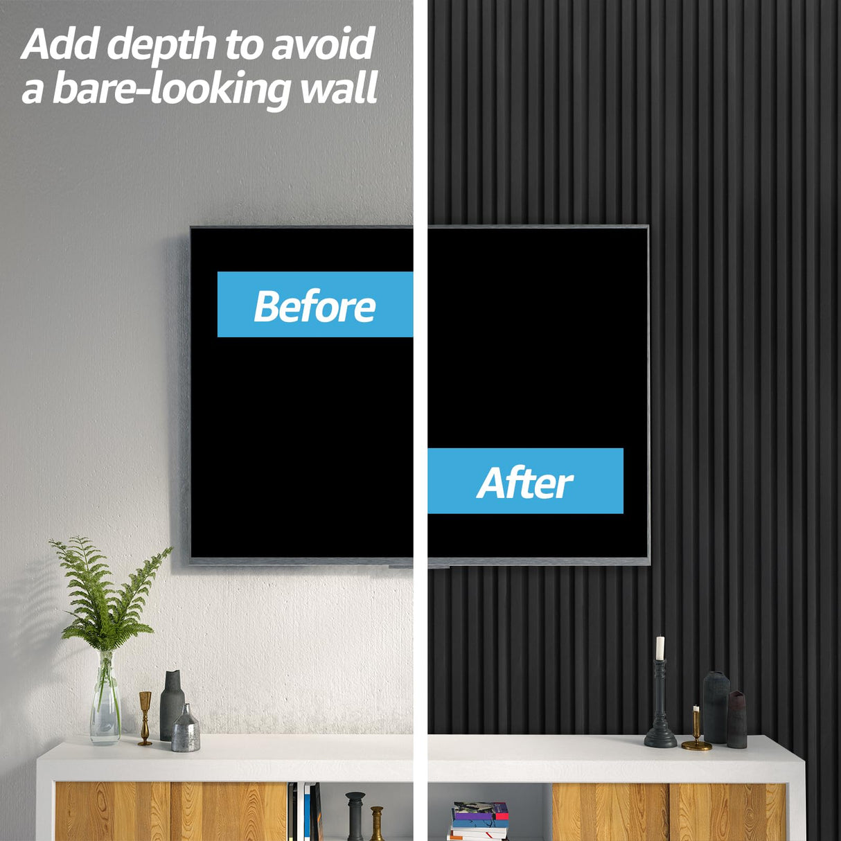 Art3d WPC Slat Wall Panels, 8-Pack 108 x 6 Inch 3D Wall Accents for Interior Wall Decor, Living Room, Bedroom, Black Art3d