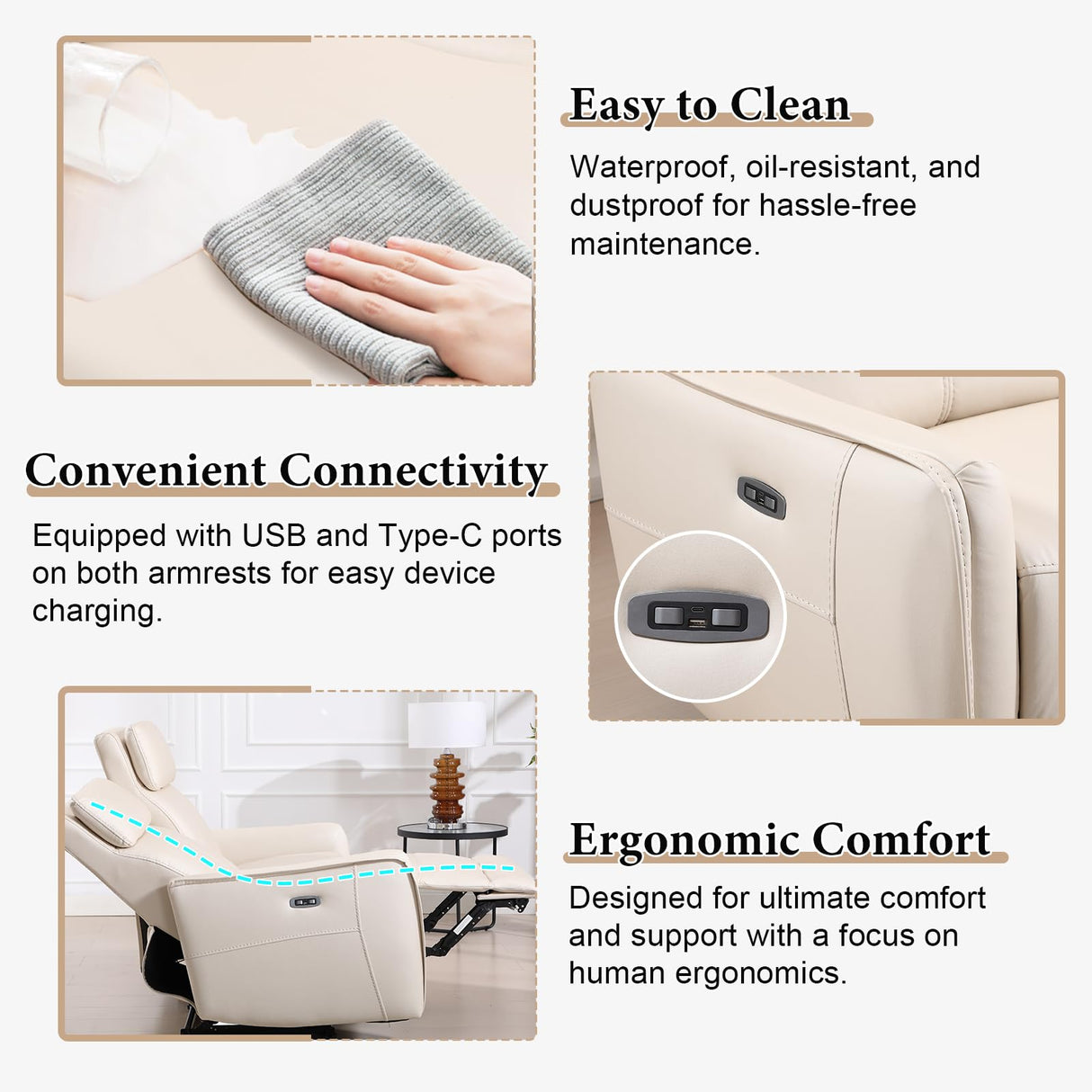 ANJ Power Reclining Loveseat, 2 Seater PU Leather Recliner Sofa with USB & Type-C Ports, Small Space Modern Couch with Adjustable Backrest and Footrest for Living Room Bedroom ANJ