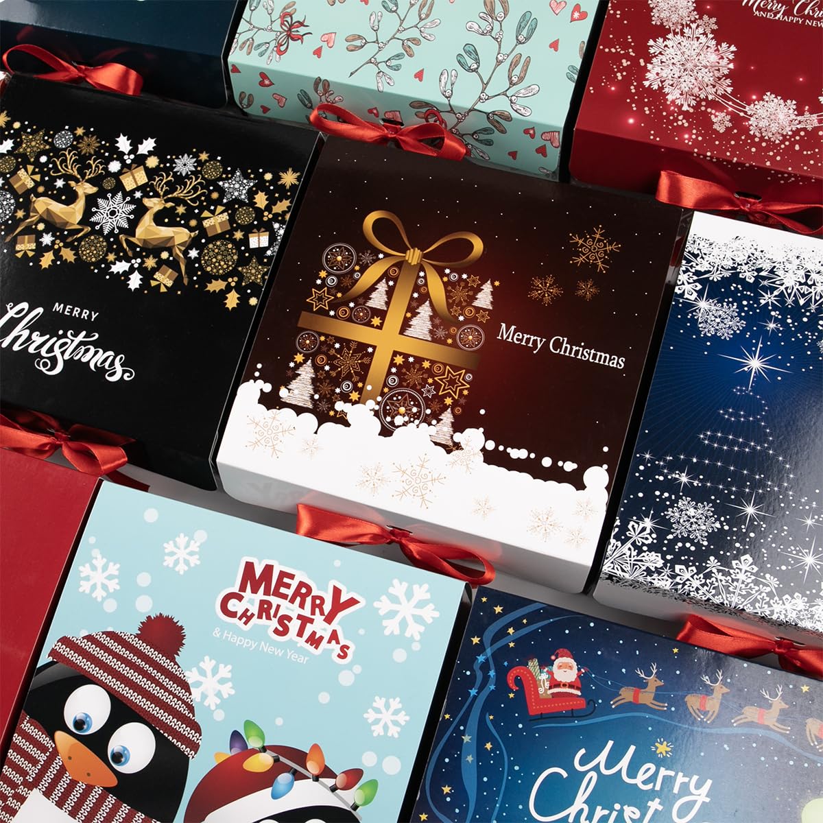 ARTLYMERS Christmas Gift Boxes with Lids, 12 Pack Gift Boxes and Red Ribbon Christmas Themed Pattern Small Gift Boxes for Christmas Presents Gifts Easy Assemble ARTLYMERS