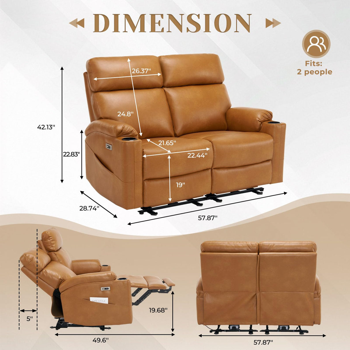 PALLOME Power Recliner Loveseat, Electric Reclining Sofa with USB & Type-C Ports, Wall Hugger Recliner with Extended Footrest, Loveseat Couch for Living Room, RV (Brown) PALLOME