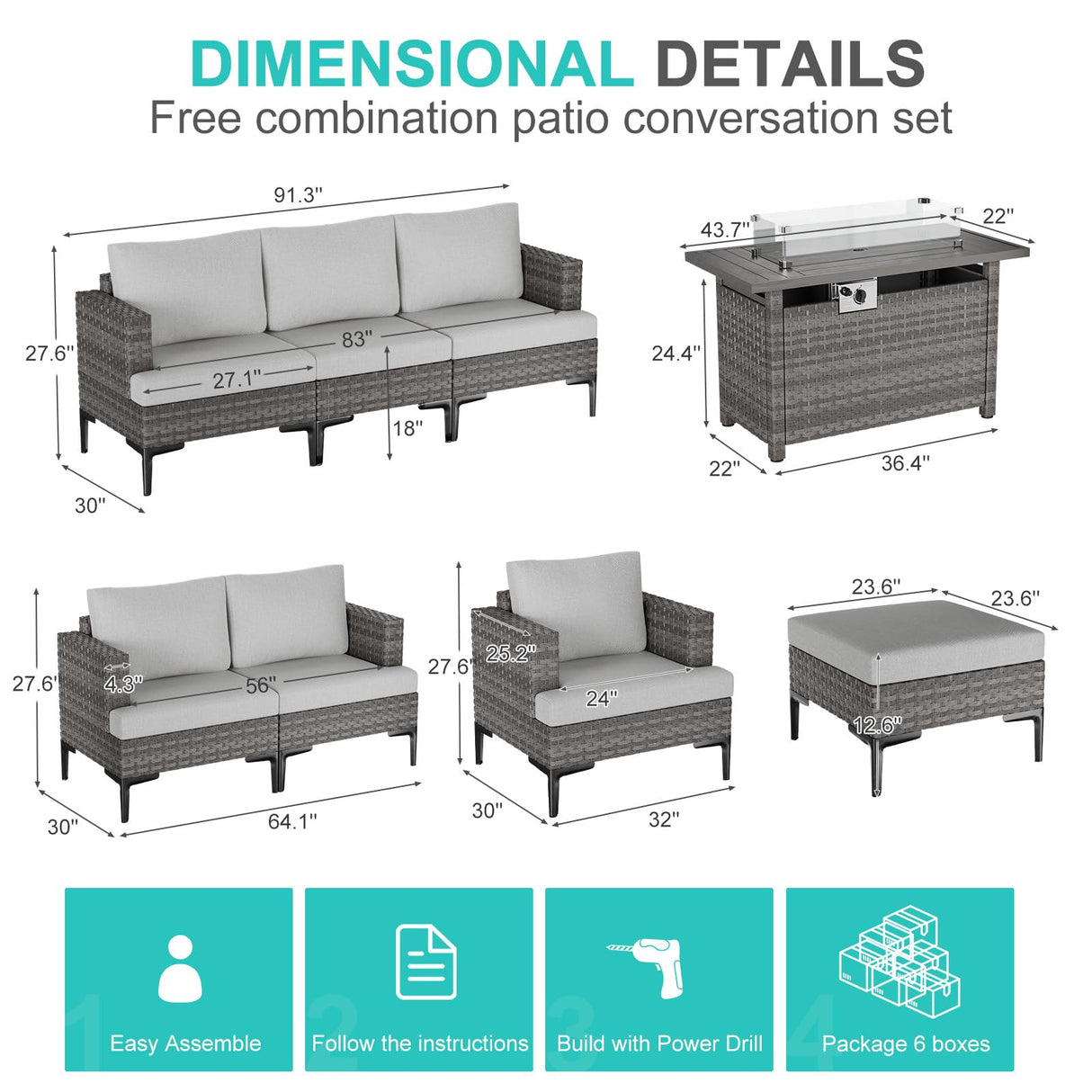 WELYAS 10 Piece Luxury Patio Furniture Set with 44" Fire Pit Table All Weather Outdoor Sectional with Thick Cushions Wicker Patio Conversation Set for Backyard, Deck, Garden WELYAS