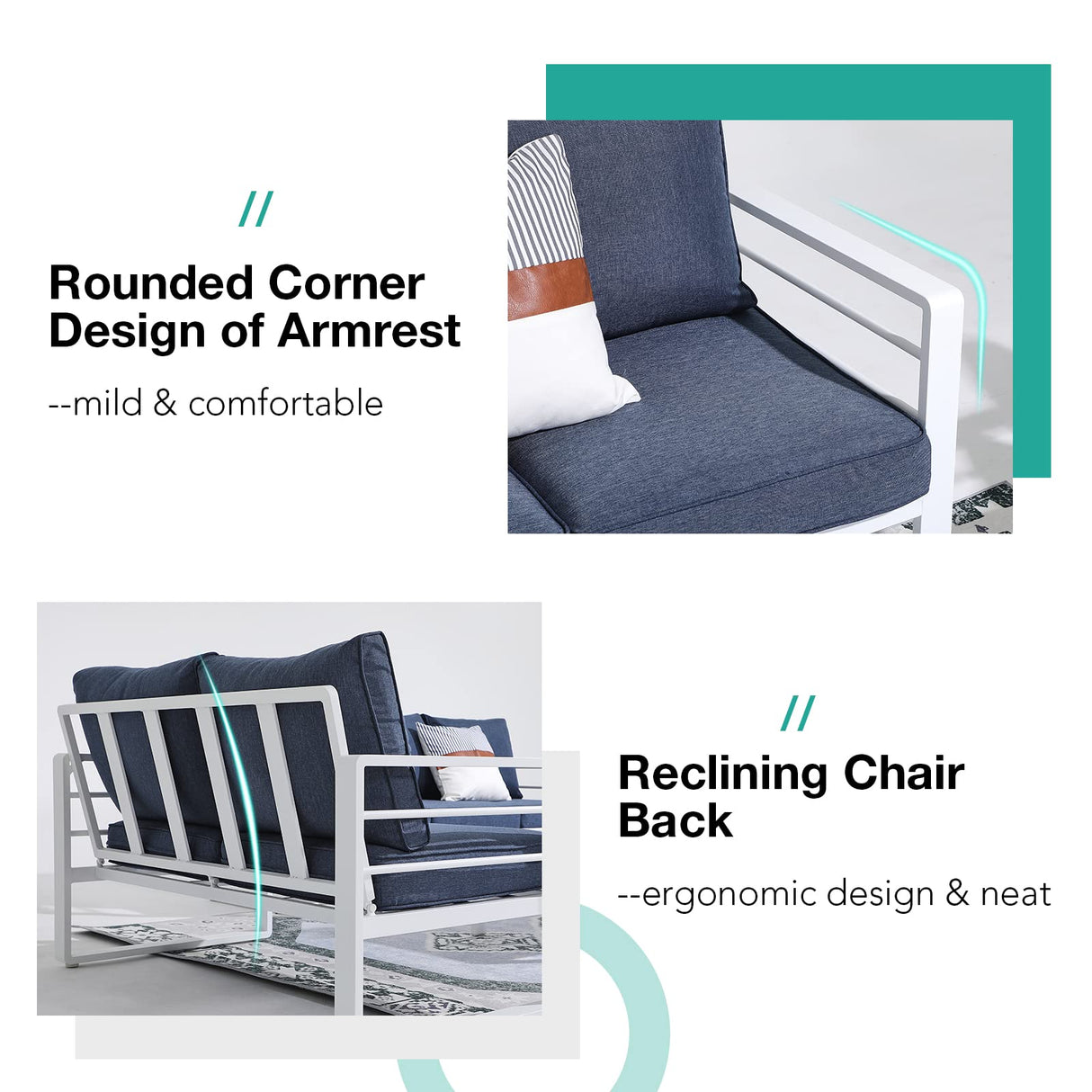 Patiorama Aluminum Patio Furniture Set, 4 PCS Modern Patio Conversation Set, All Weather White Outdoor Sectional Sofa Set w/Table, 3-Seater Sofa, Superior Olefin Cushion, Garden-Blue Cushion Patiorama