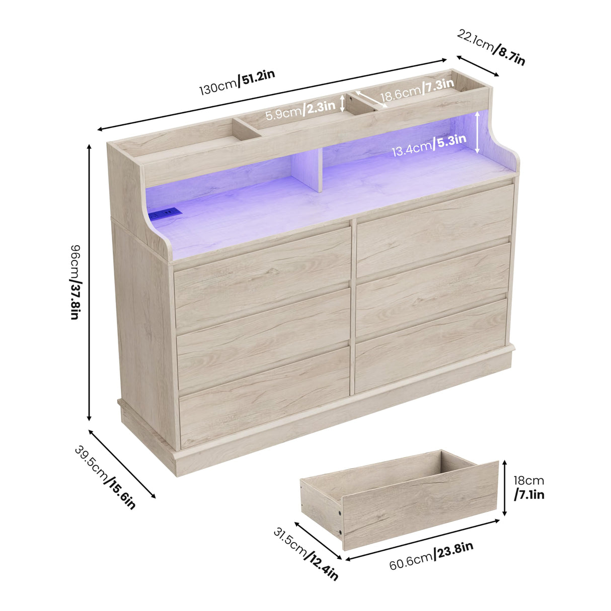 Dresser for Bedroom, 6 Drawer Dresser with LED Lights and Charging Station, Wide Chest of 6 Drawers with Open Space, Modern Large Capacity Storage Cabinet, Living Room, Hallway, Oak GarveeHome