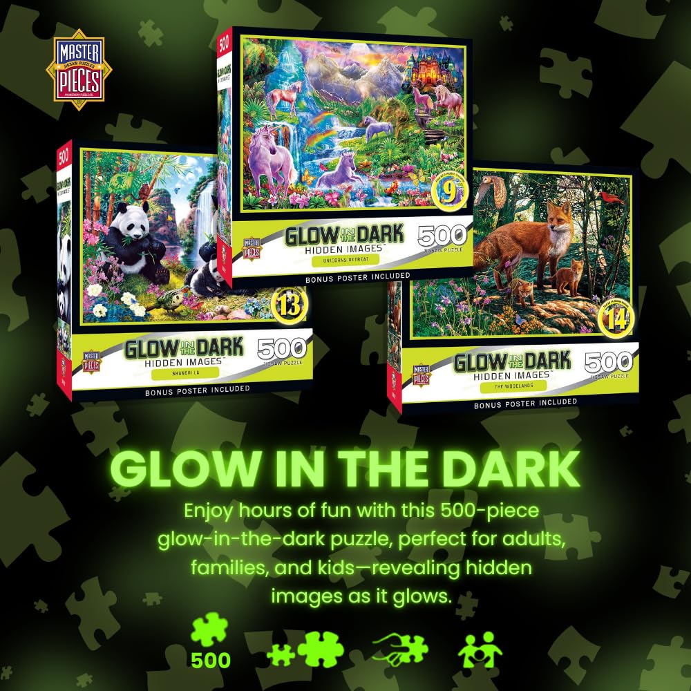 MasterPieces - 500 Piece Jigsaw Puzzle, Glows in The Dark, Hidden Images, Dinosaur Valley, Fun for Adults, Family, Kids, 15" x 21" Masterpieces