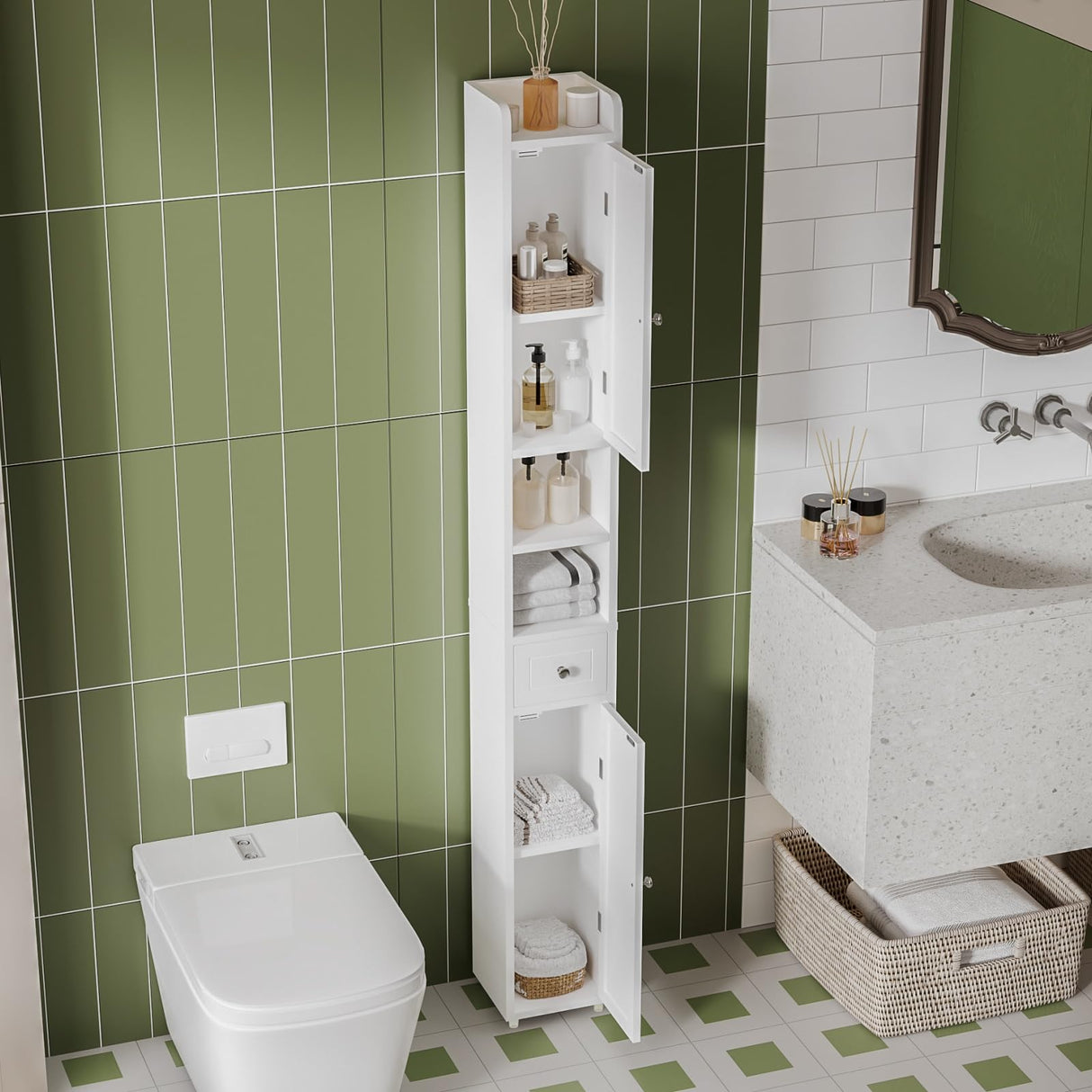 ChooChoo Narrow Bathroom Storage Cabinet with Adjustable Shelves, Tall Storage Cabinet with 2 Doors and 1 Drawer, Freestanding Cupboard for Small Spaces, White ChooChoo