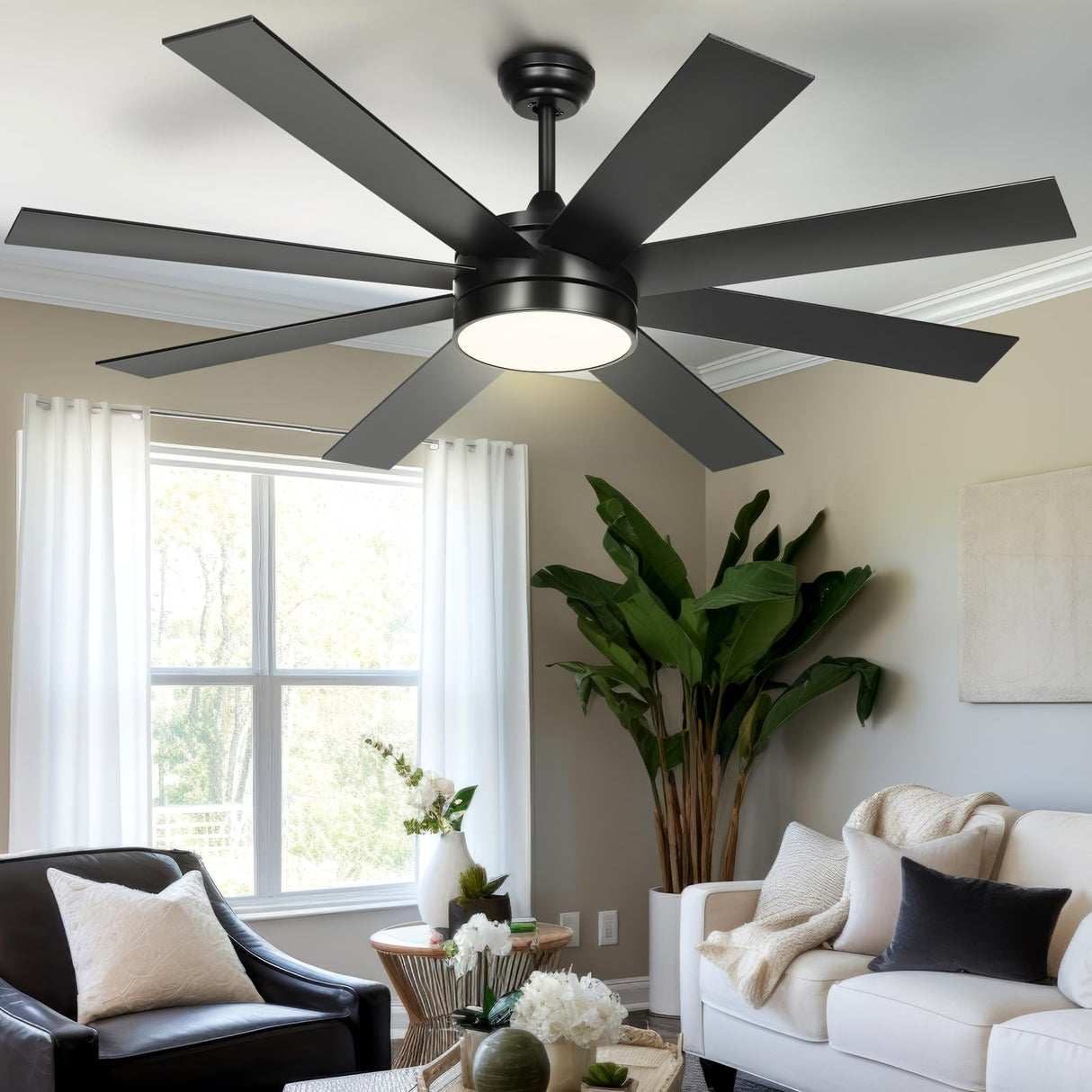 YITAHOME 60 Inch Black Ceiling Fan with Lights and Remote,8 Blades,App Control, Modern Smart Ceiling Fan Compatible with Alexa for Indoor, Reversible Quiet Motor, Memory Function YITAHOME
