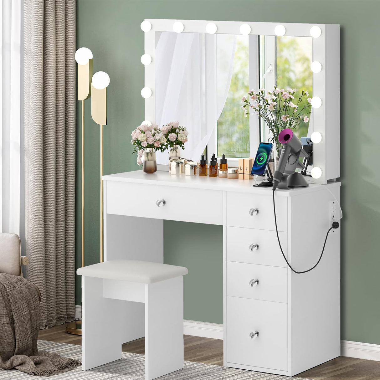 Makeup Vanity Desk with Lighted Mirror & Power Outlet & 5 Drawers, Vanity Table with 3 Lighting Modes Brightness Adjustable, Sliding Storage, White Vanity Set for Bedroom SMOOL