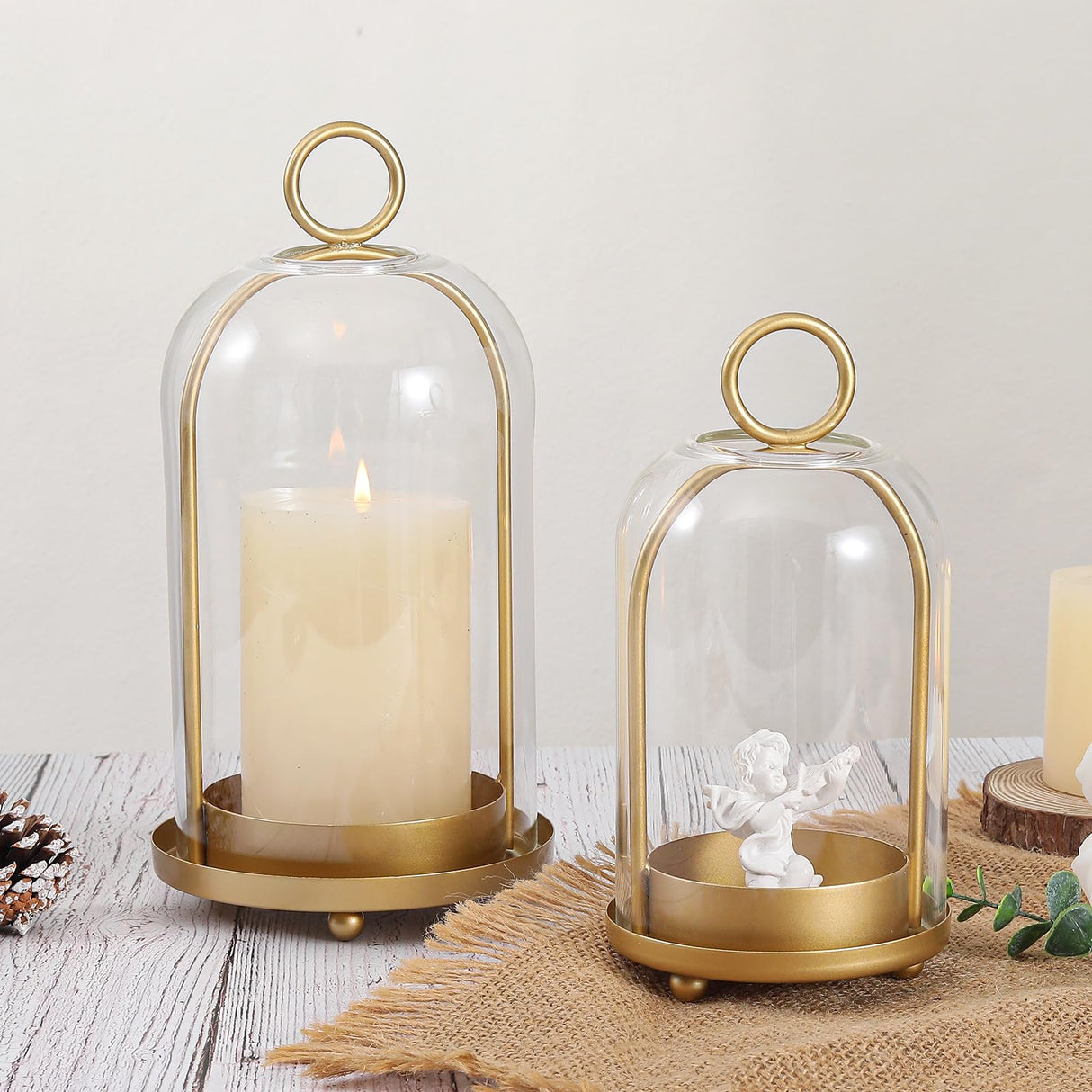 Versatile Metal Candle Holder Set with Handmade Glass Dome,Antique Brass Pillar Candle Stand, 5.2" & 4.1" Wide for Tabletop or Hanging, Industrial & Farmhouse Decor SHOHAYTO