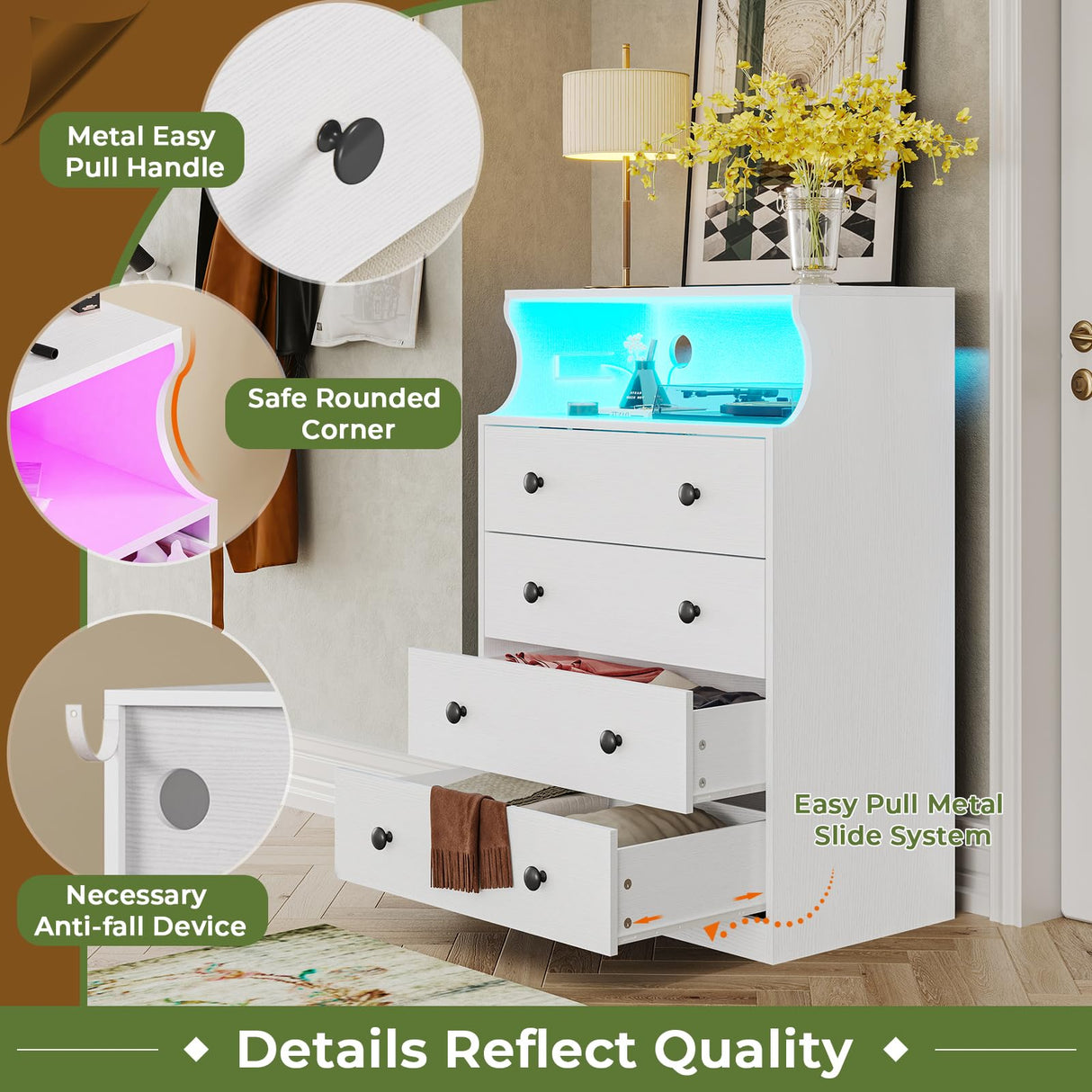 Hasuit White Dresser with Charging Station, LED Dresser with 4 Large Drawers, Chest of Drawers with Open Space, Large Capacity Tall Storage Cabinet, White Dresser for Bedroom Hasuit