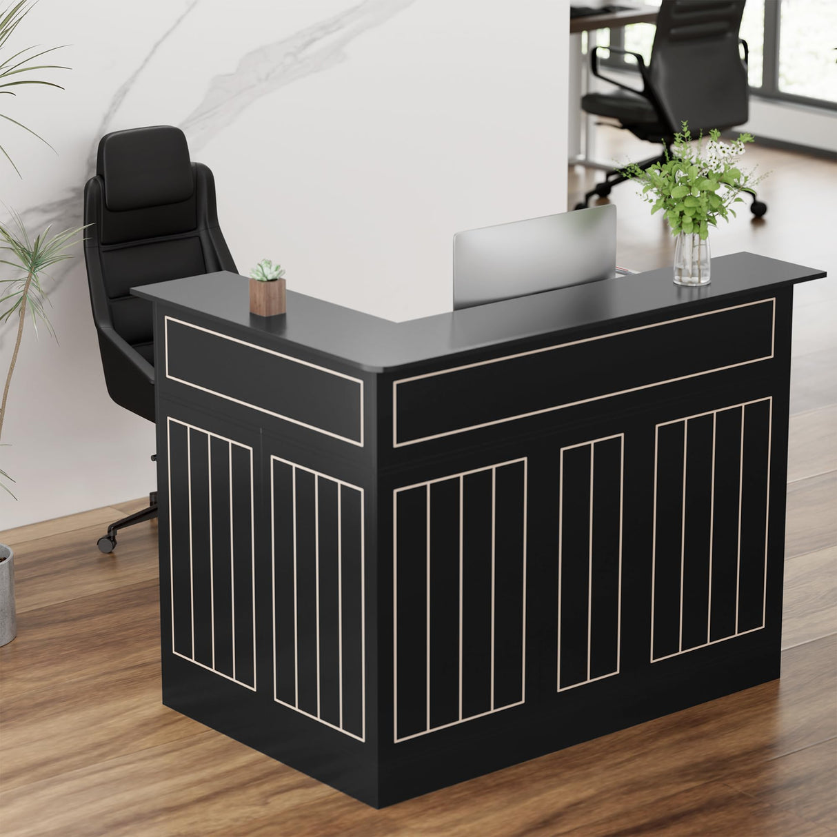 Reception Desk with Storage Shelves and Drawer, L-Shaped Modern Front Desk with Power Outlet, Reception Counter Table for Checkout, Lobby, Beauty Salon GatherHome