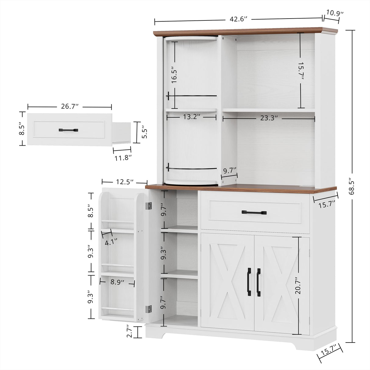 IRONCK Farmhouse Kitchen Pantry Cabinet with Charging Station, Kitchen Hutch Storage Cabinet with Microwave Stand and Rotating Rack for Kitchen, Dining Room, White IRONCK