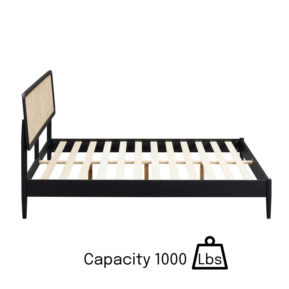 NTC Lupin Wooden Bed Frame with Headboard and Natural Rattan, Solid Oak Foundation with Silent Slats, 1000 Lb Capacity, Effortless Assembly, King - Burnt Black NTC