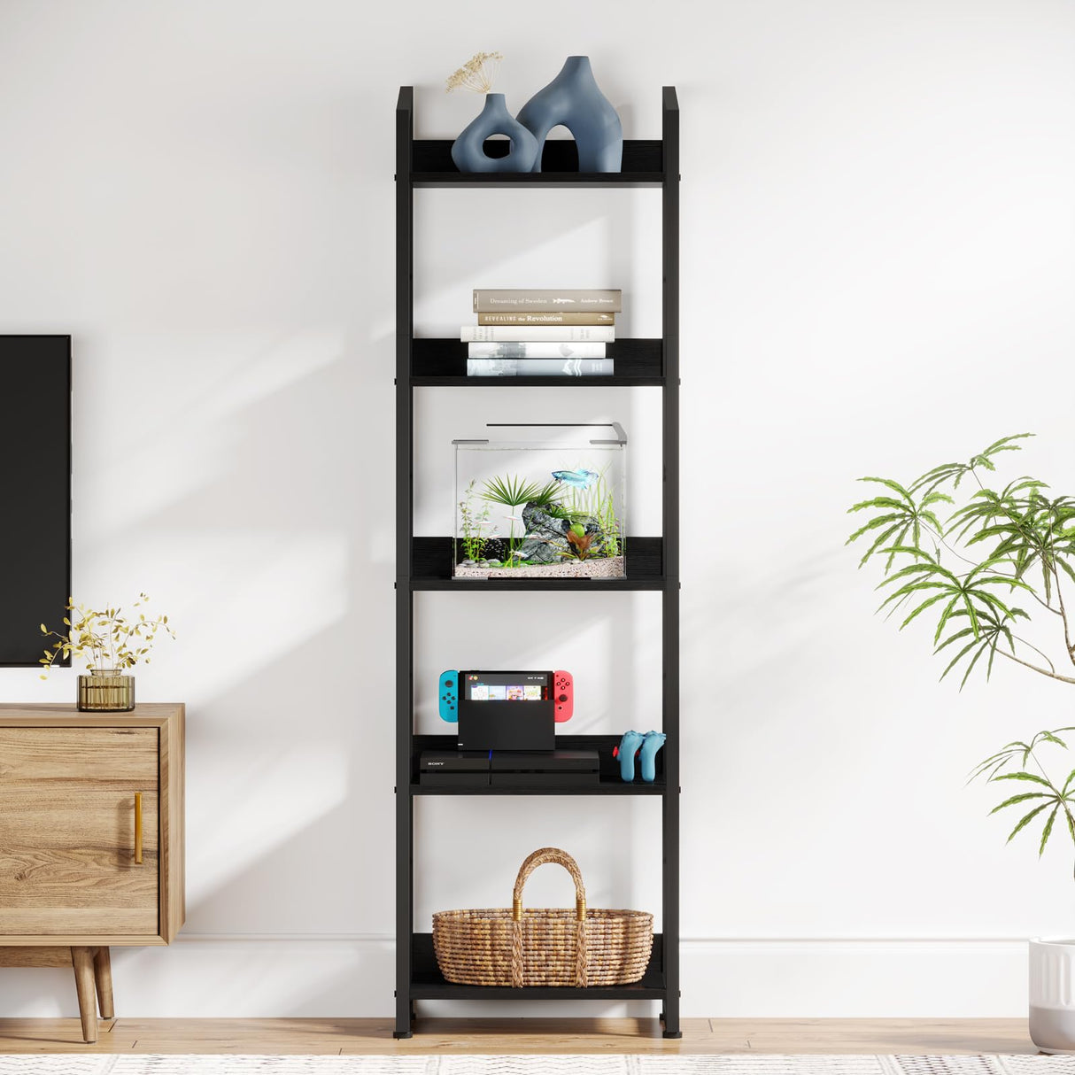 Hosfais 5 Tier Narrow Bookshelf: Tall Bookcase Shelf with Edge Protection, Industrial Modern Bookshelves for Bedroom Living Room Home Office (Black) Hosfais