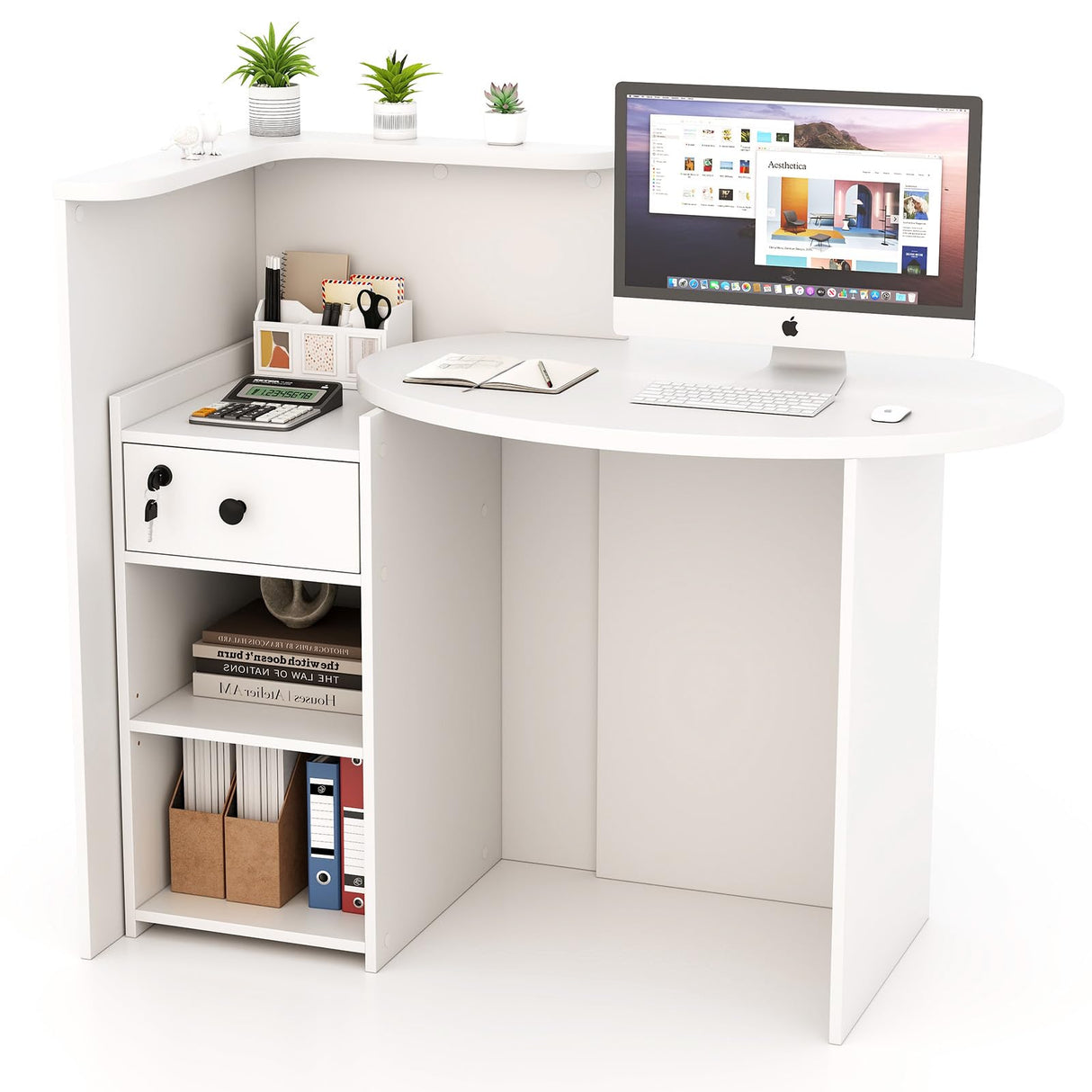 SILKYDRY Reception Desk, Small Retail Checkout Counter with Lockable Drawer and Open Shelves, Wooden Front Desk Reception Counter, Oval Desktop & L Counter for Store Office Lobby Salon (White) SILKYDRY
